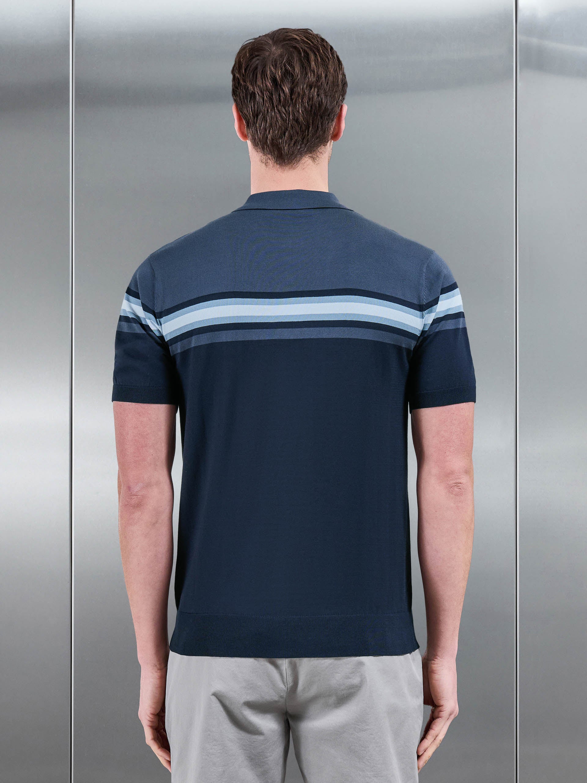 Cotton And Silk Colour Block Zip Polo Shirt in Navy