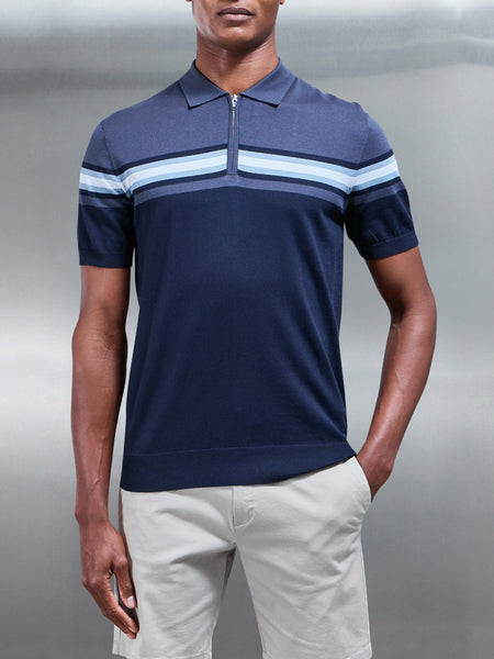 Cotton And Silk Colour Block Zip Polo Shirt in Navy