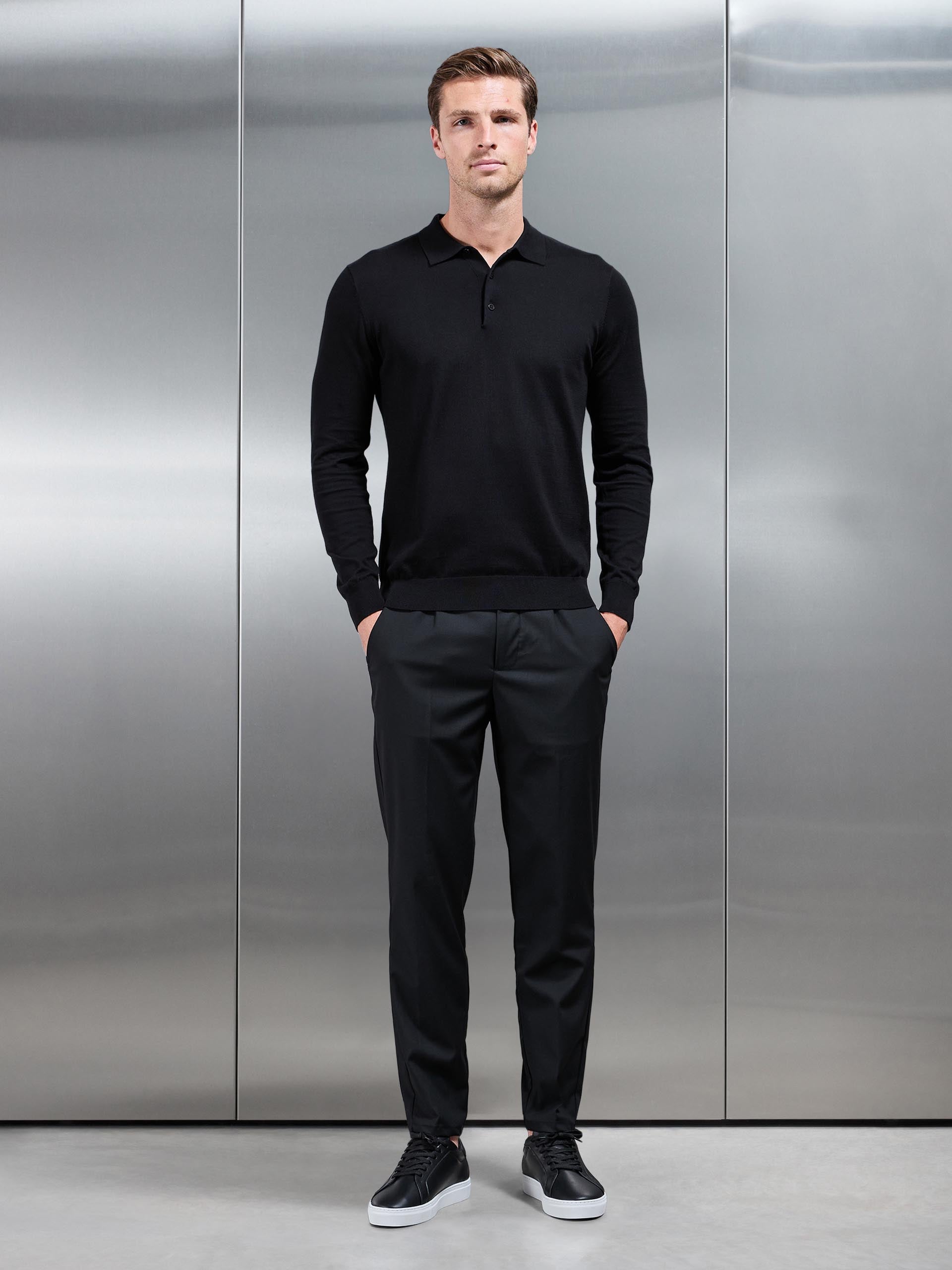 Cotton and Silk Long Sleeve Button Polo Shirt in Black
