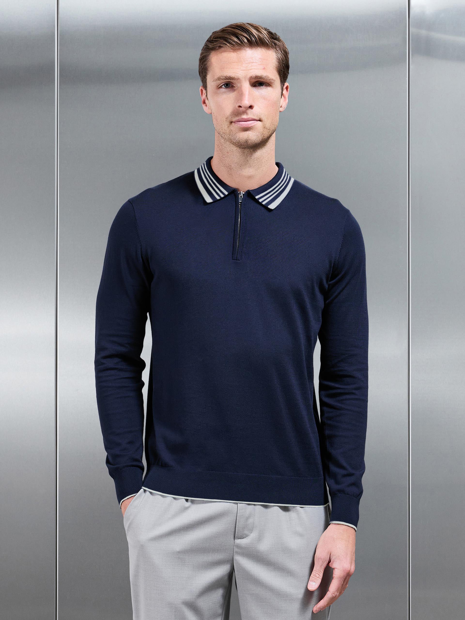 Tipped Knitted Polo Shirt in Navy Stone