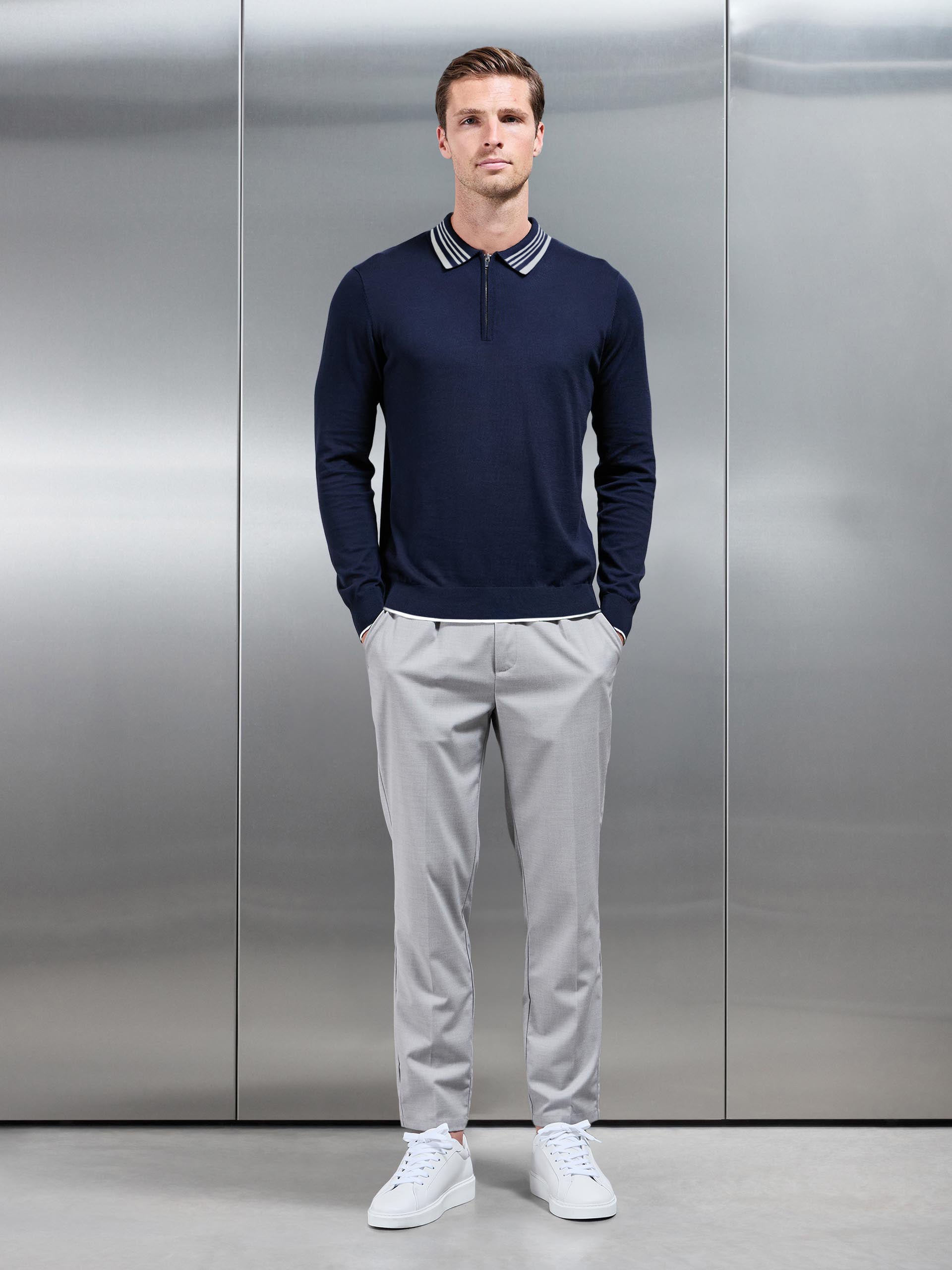 Tipped Knitted Long Sleeve Polo Shirt in Navy Stone