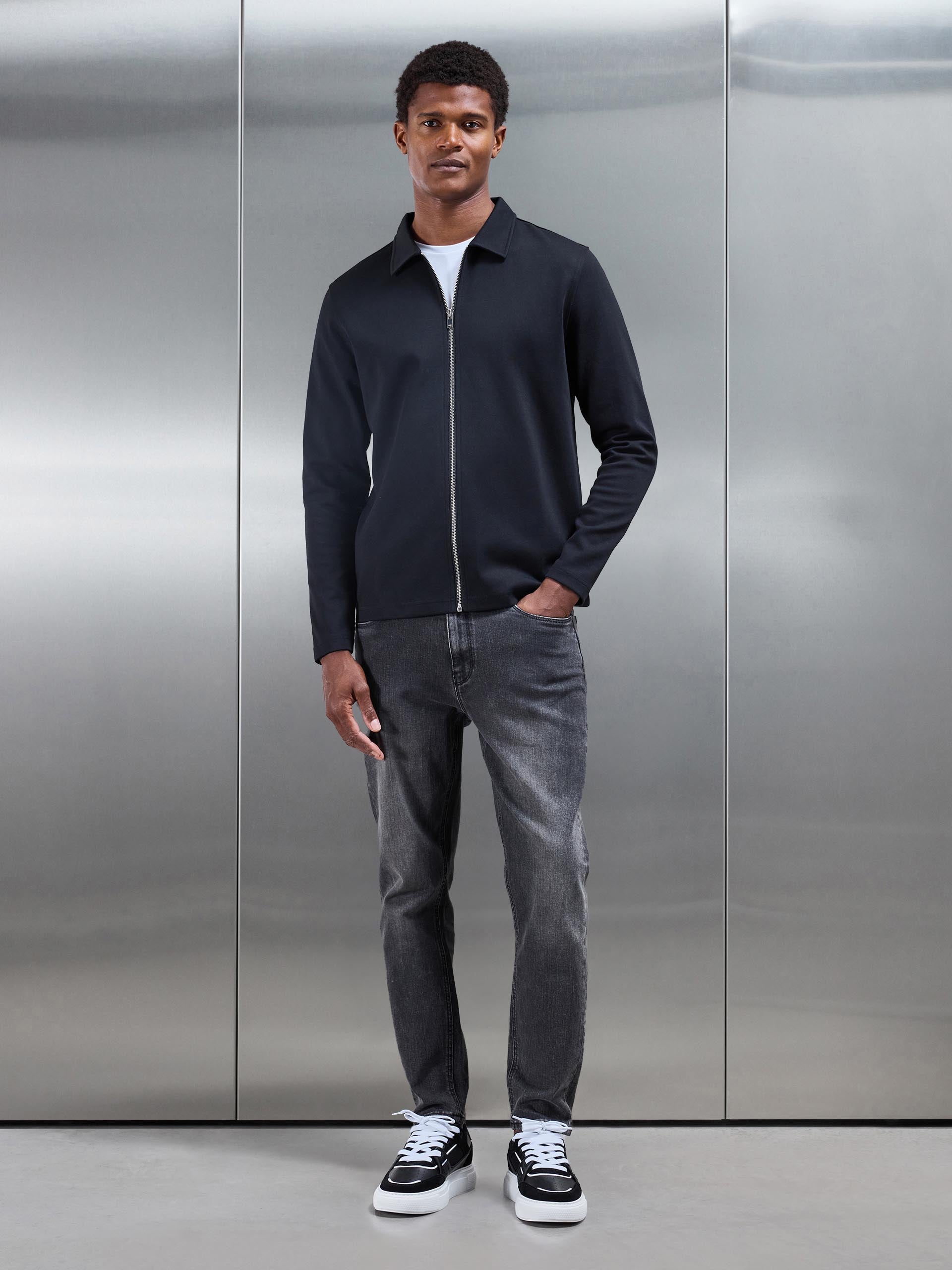 Cotton Jersey Zip Through Overshirt in Black