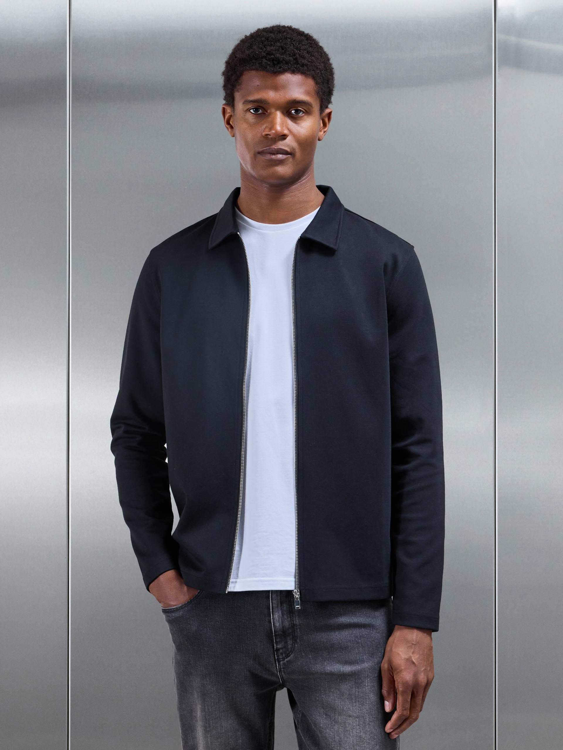 Cotton Jersey Zip Through Overshirt in Black