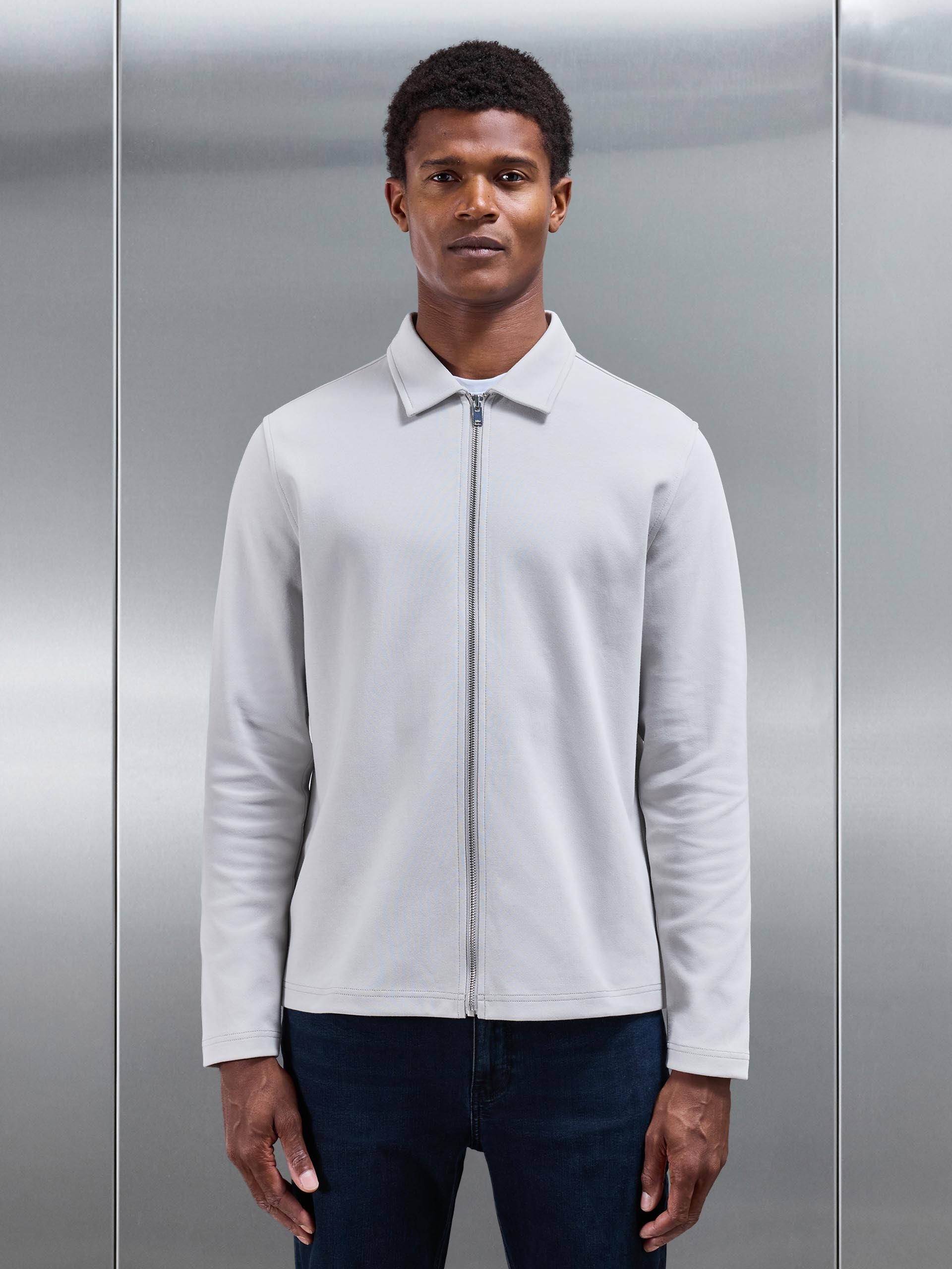 Cotton Jersey Zip Through Overshirt in Mid Grey