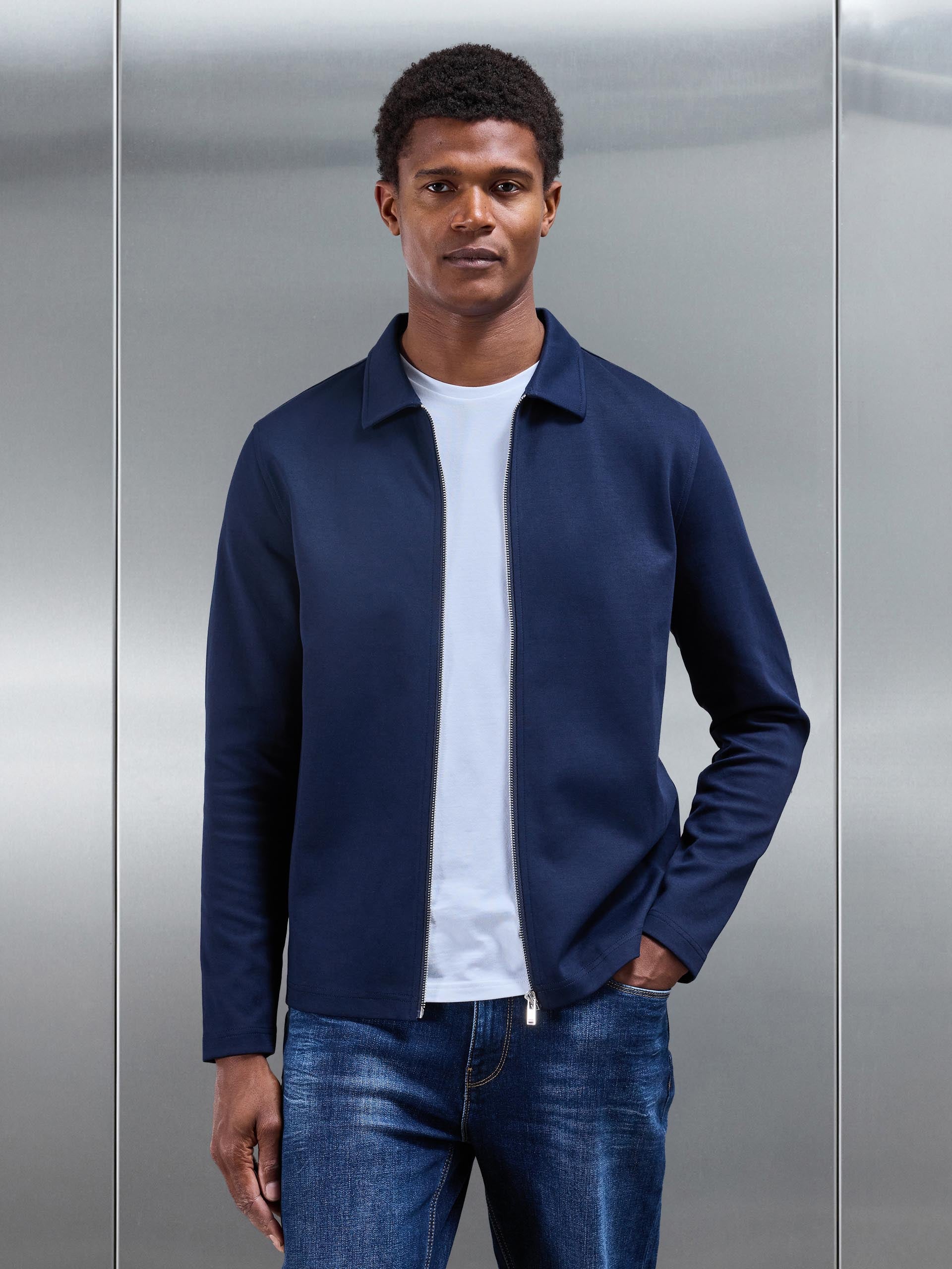 Cotton Jersey Zip Through Overshirt in Navy