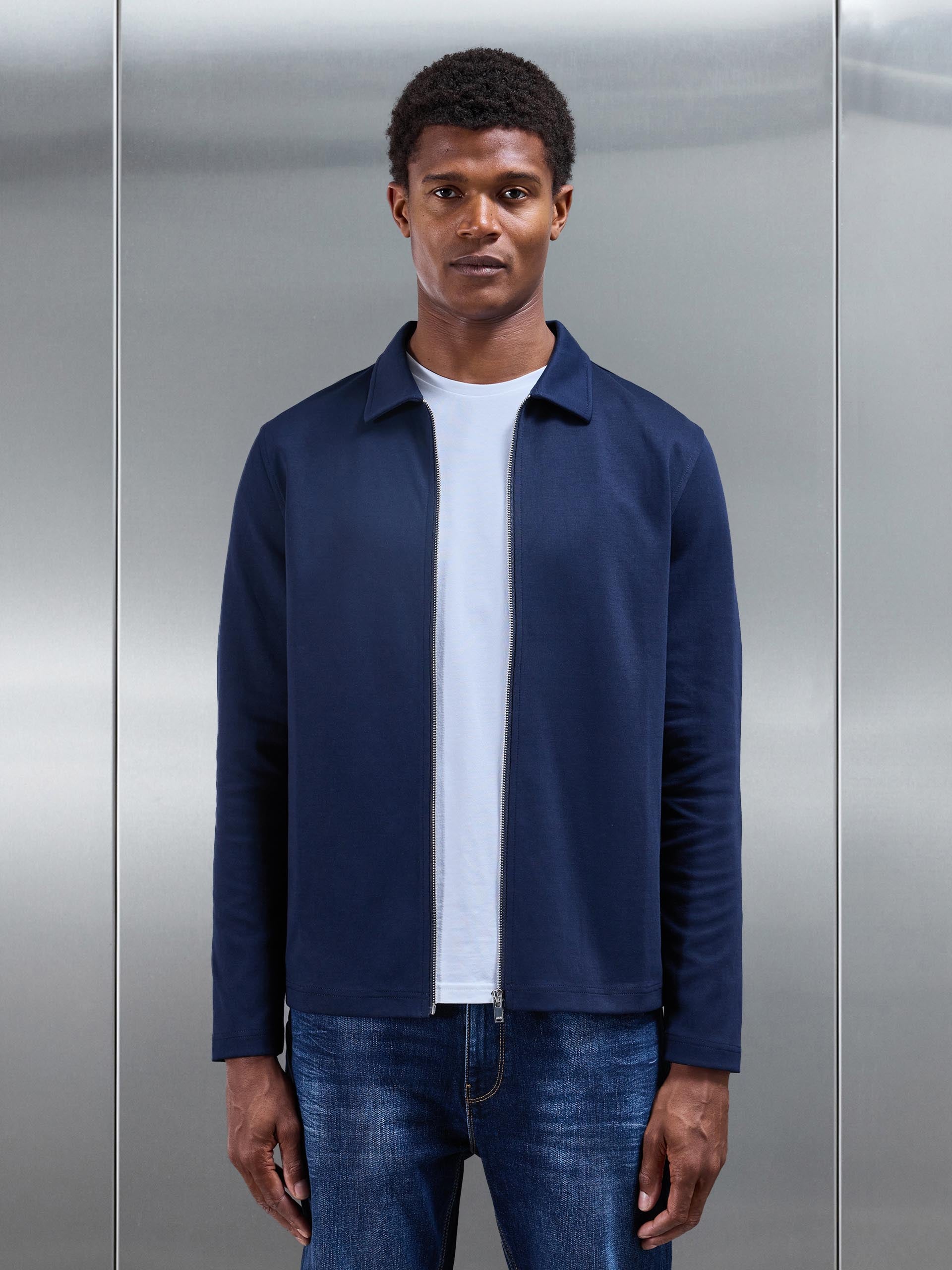 Cotton Jersey Zip Through Overshirt in Navy