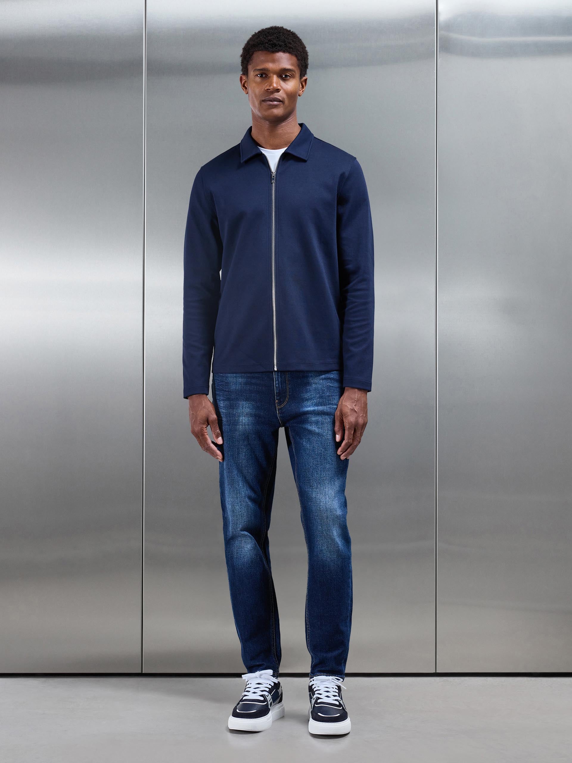 Cotton Jersey Zip Through Overshirt in Navy