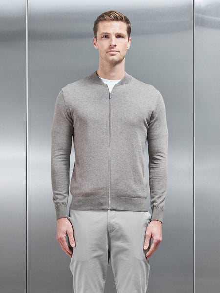Cotton Knitted Bomber Jacket in Taupe Marl