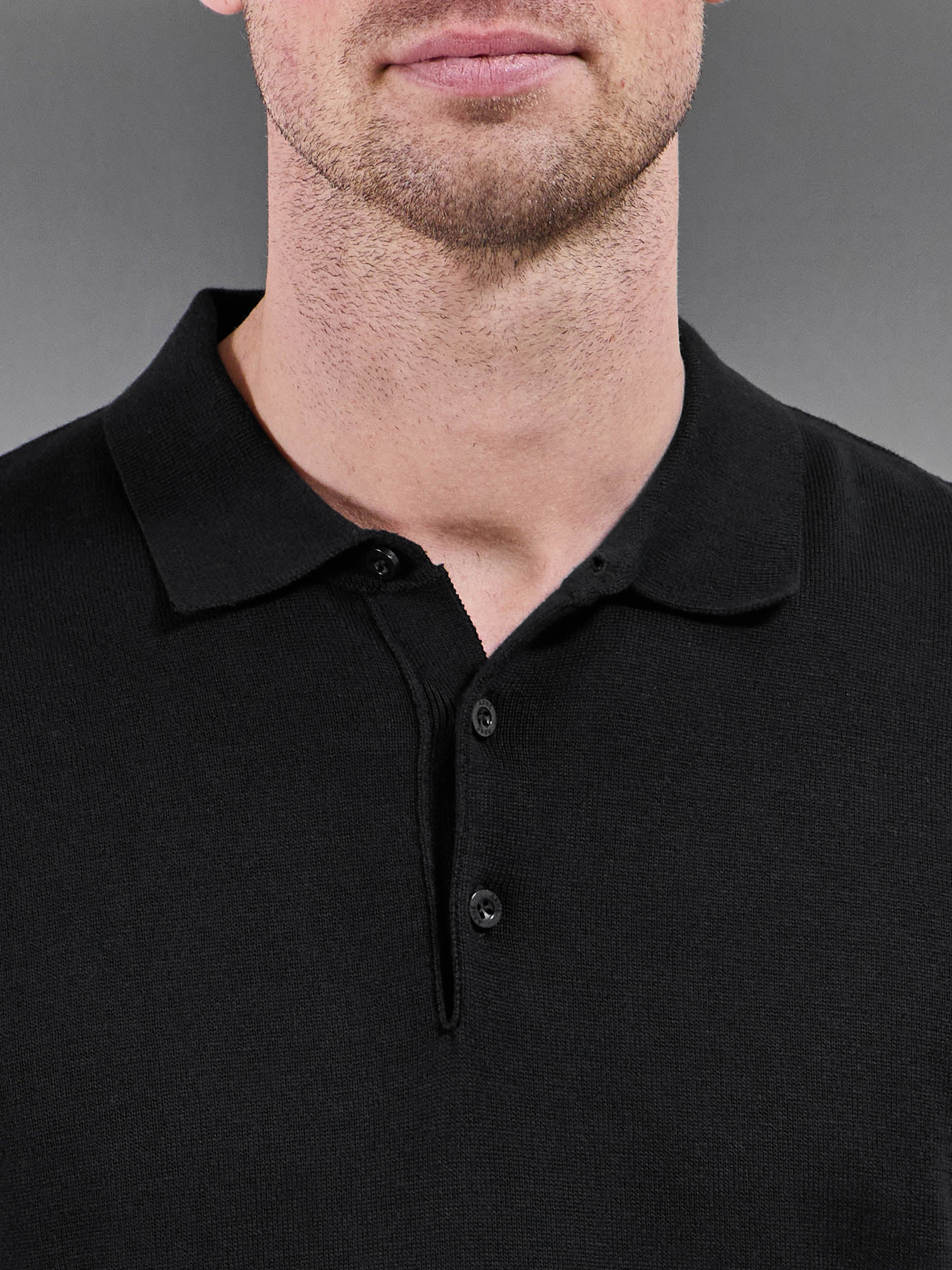 Cotton Knitted Button Polo Shirt in Black