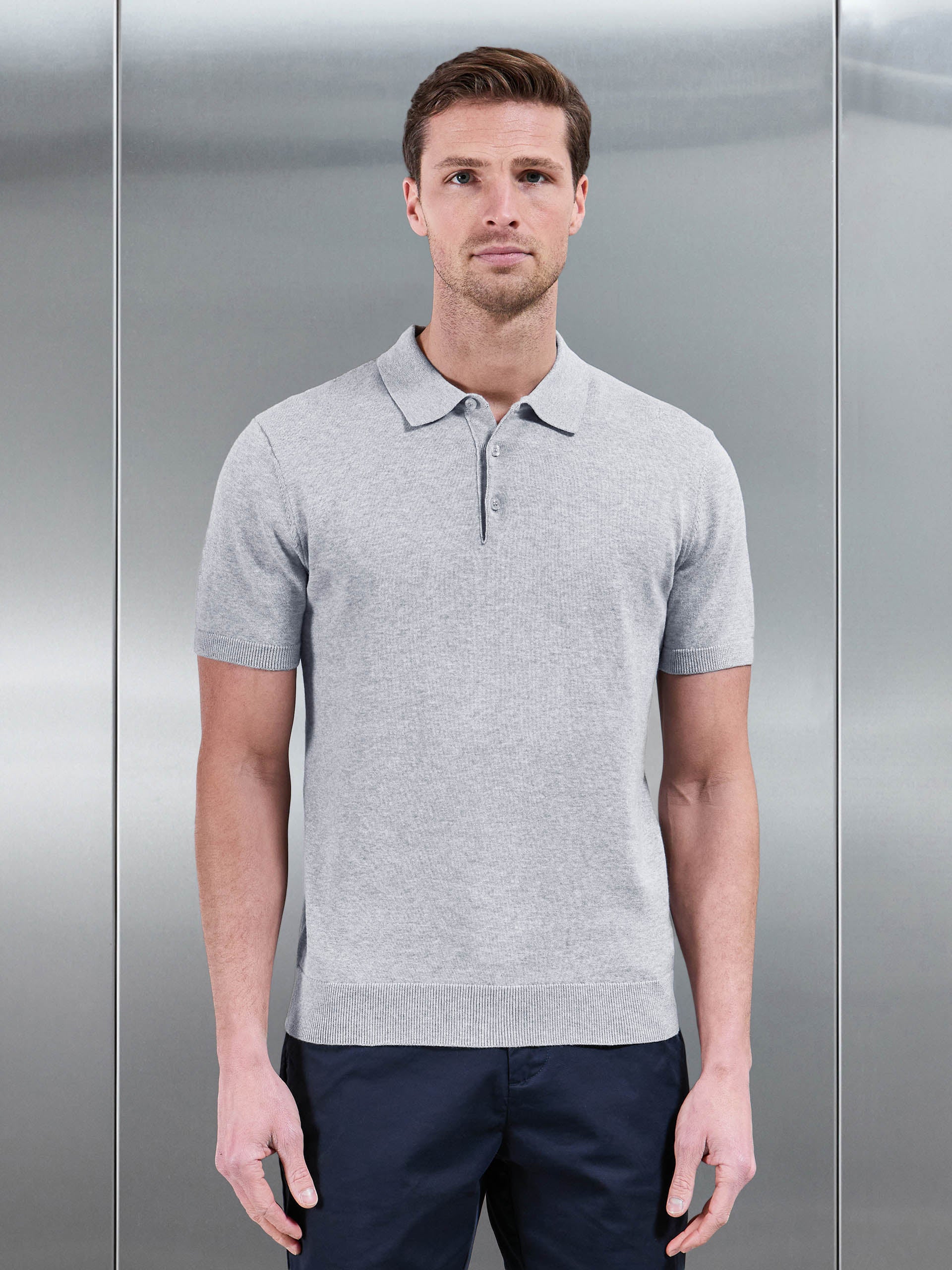 Cotton Knitted Button Polo Shirt in Marl Grey