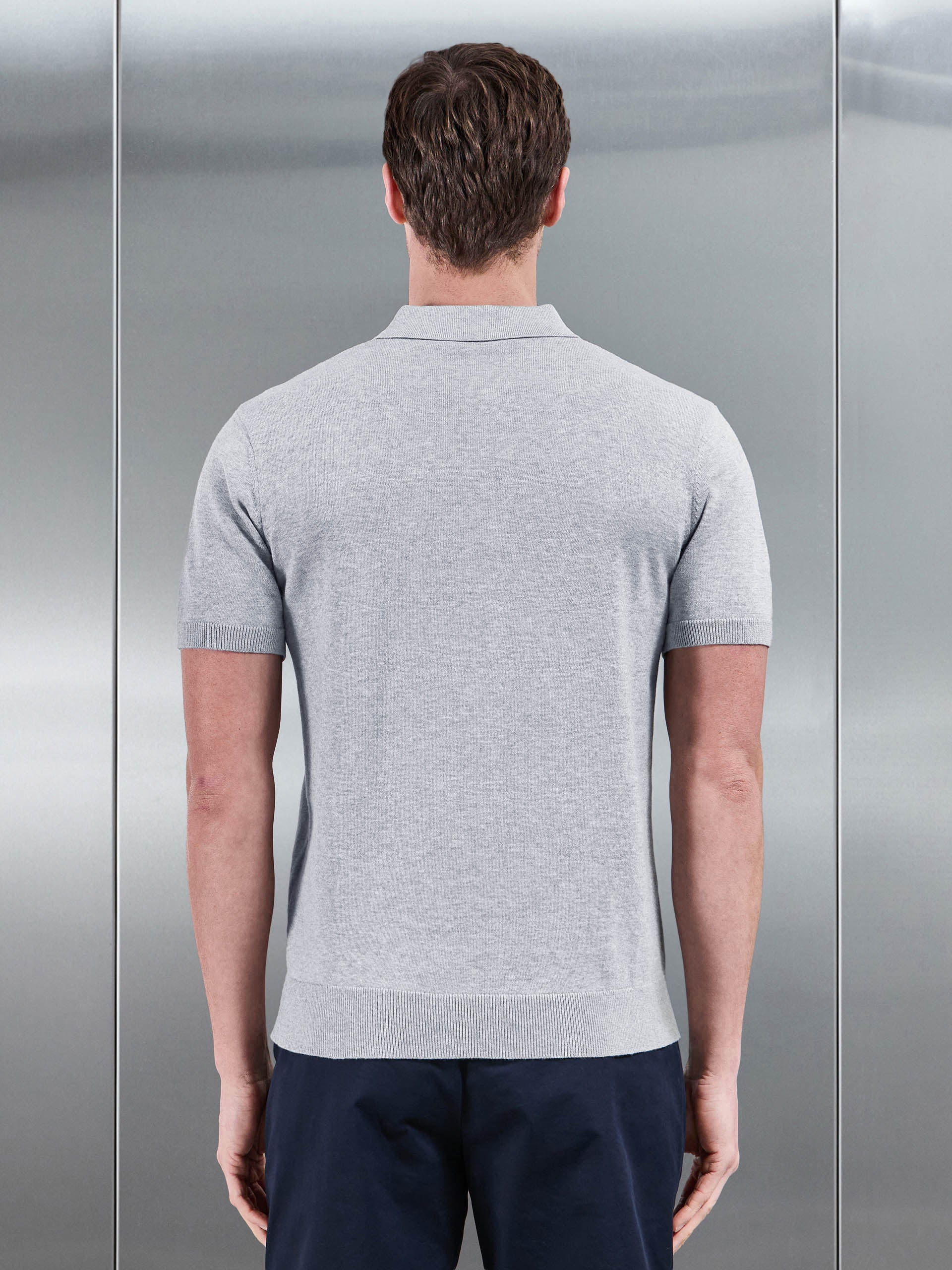 Cotton Knitted Button Polo Shirt in Marl Grey
