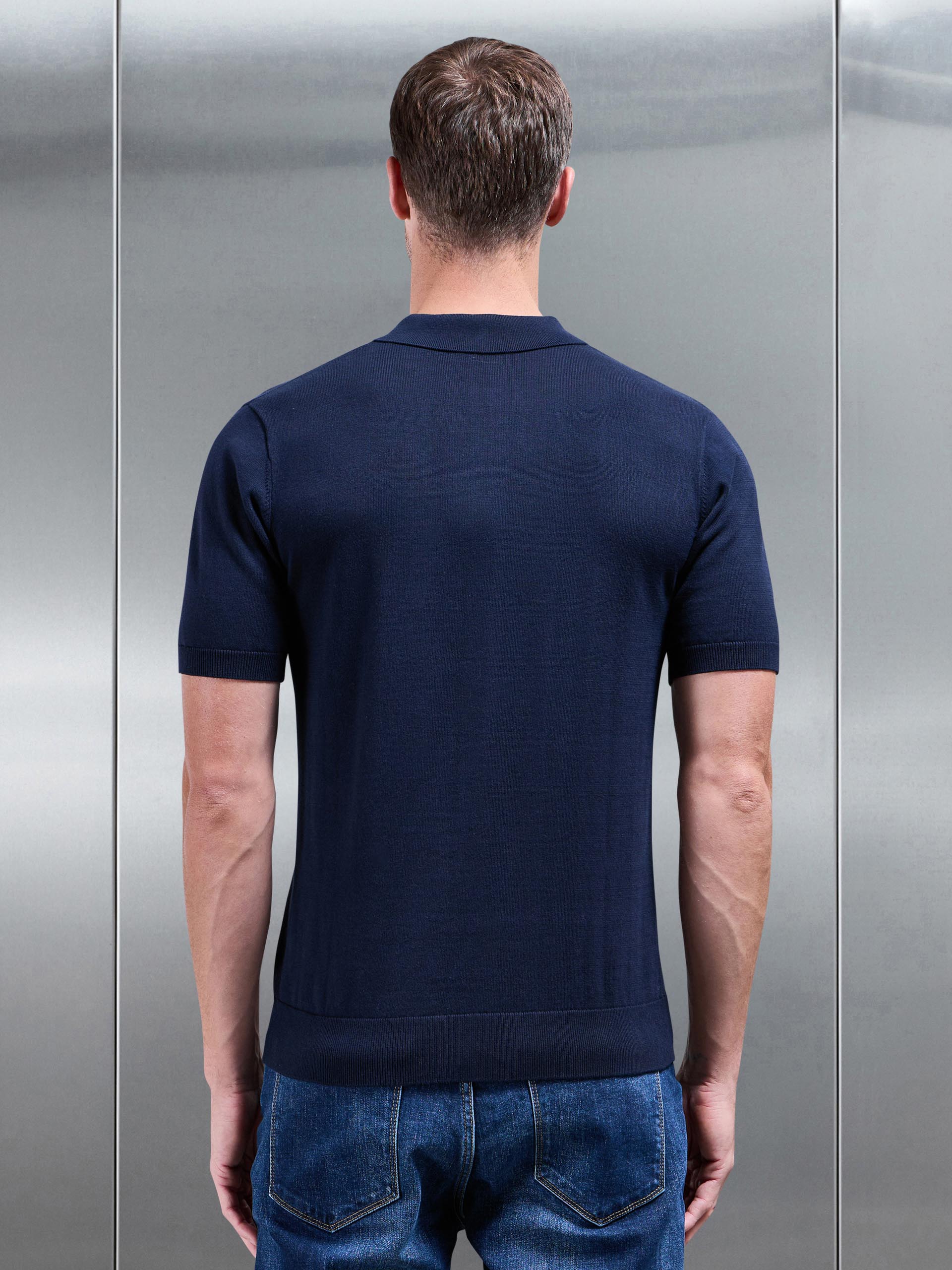 Cotton Knitted Button Polo Shirt in Navy