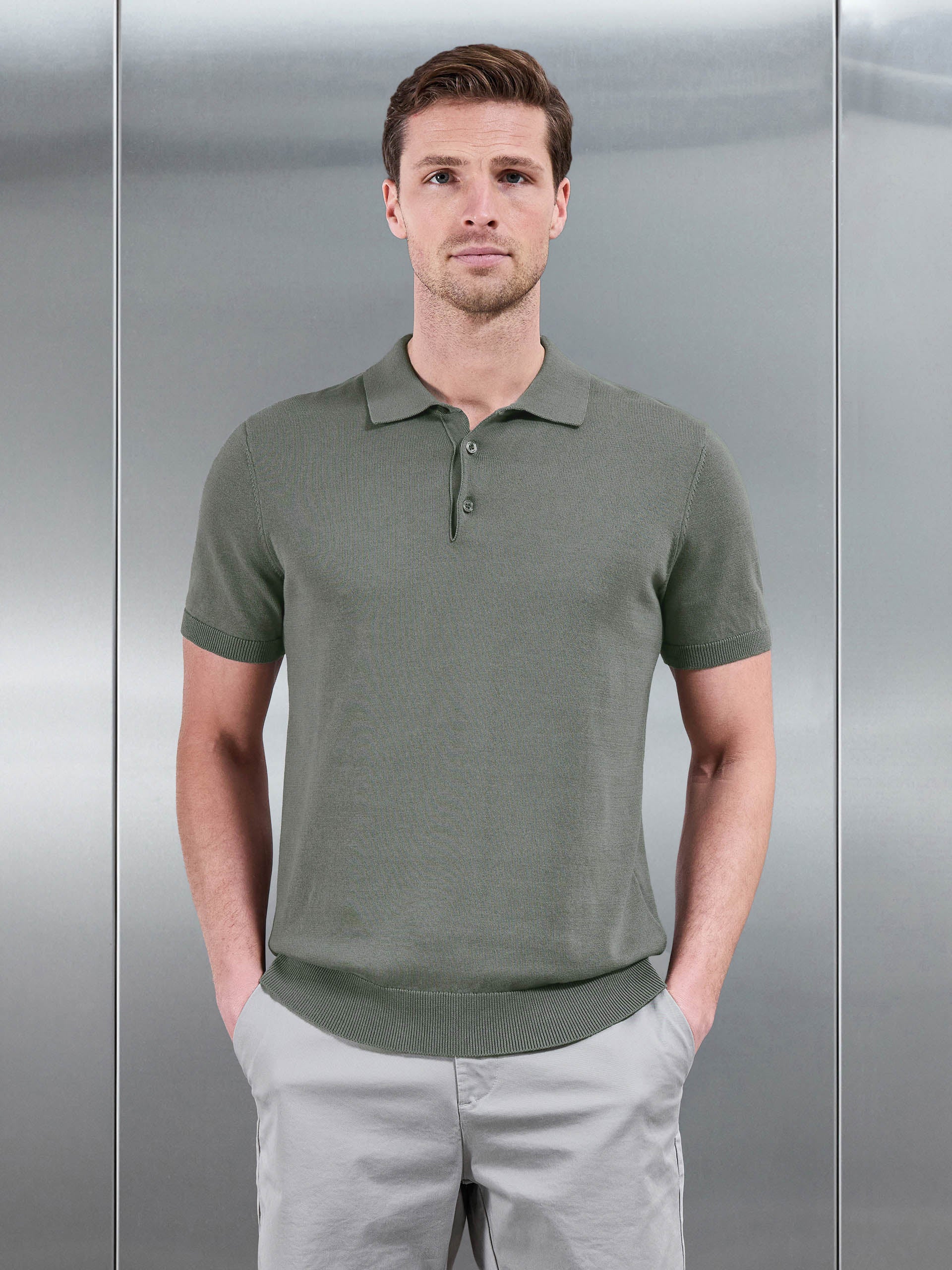 Cotton Knitted Button Polo Shirt in Sage