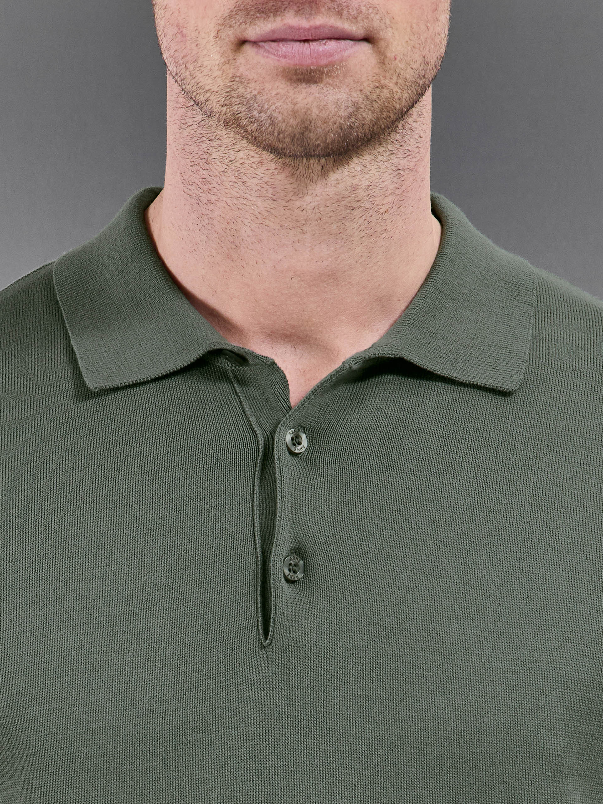 Cotton Knitted Button Polo Shirt in Sage