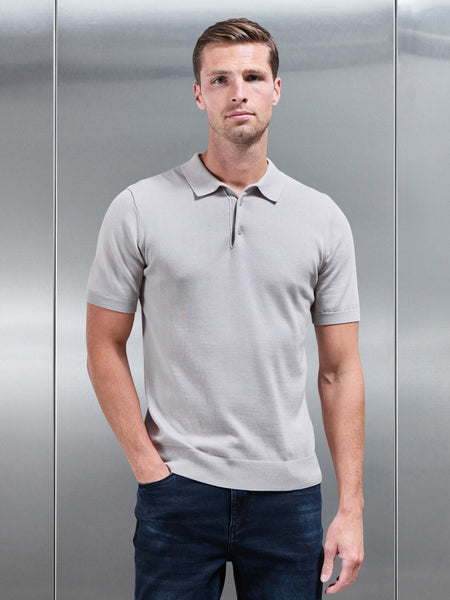 Cotton Knitted Button Polo Shirt in Stone