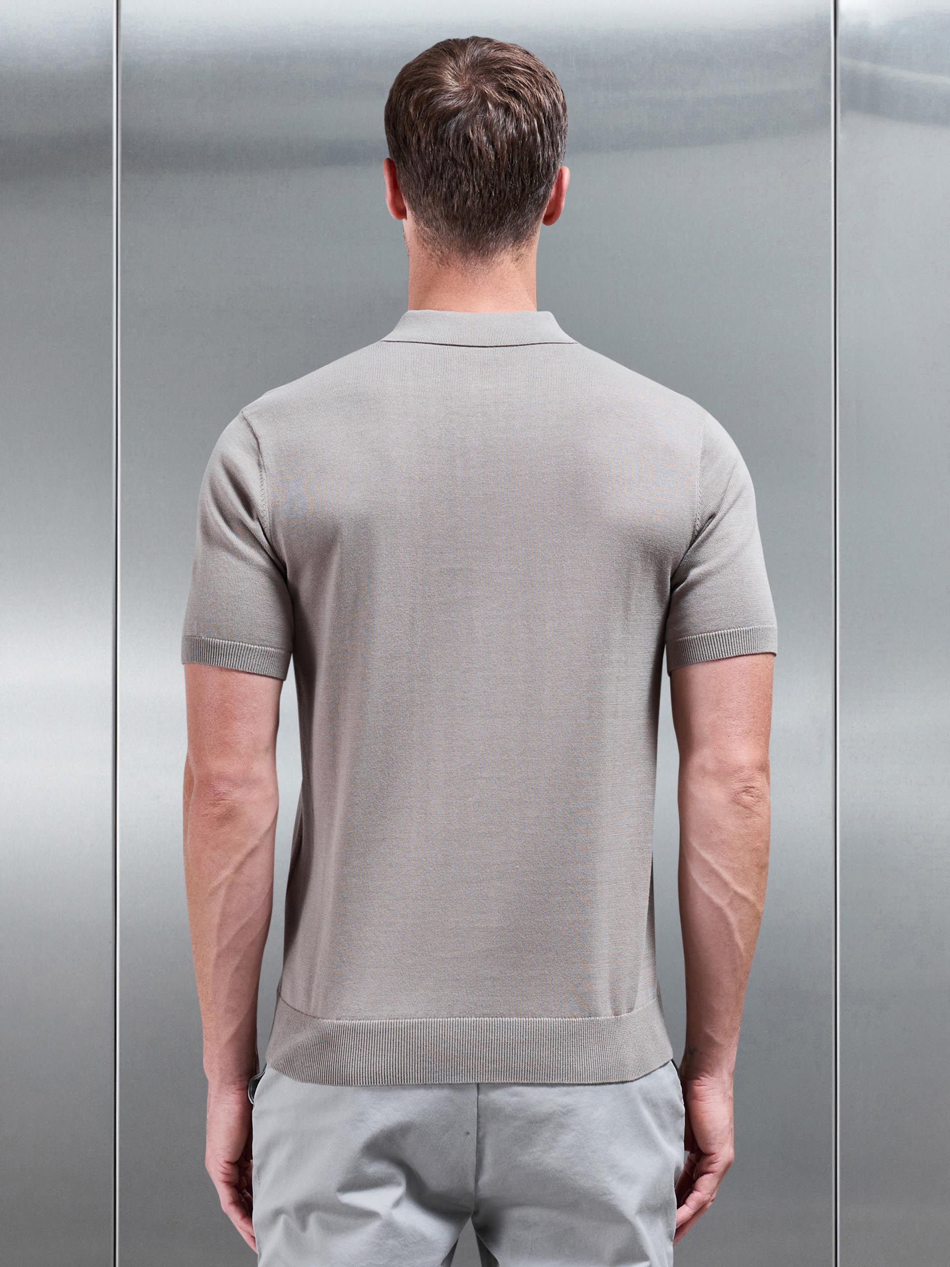 Cotton Knitted Button Polo Shirt in Taupe