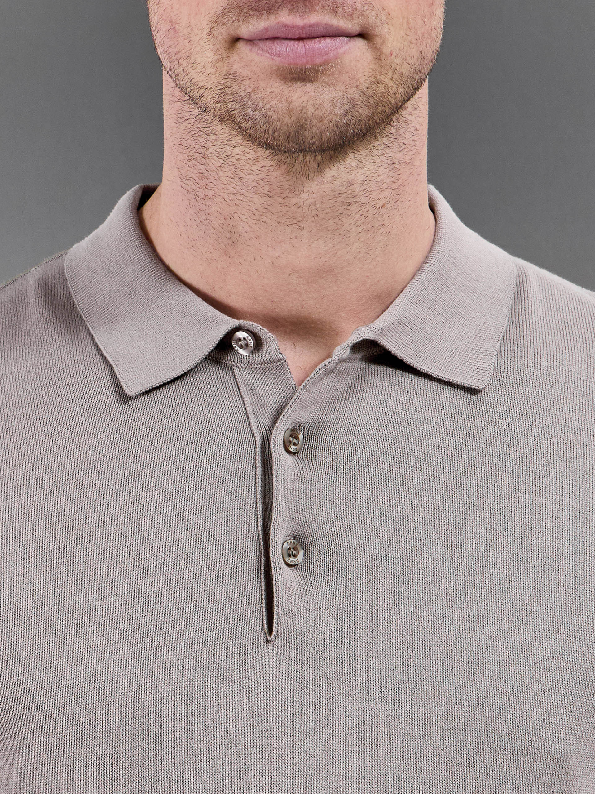 Cotton Knitted Button Polo Shirt in Taupe