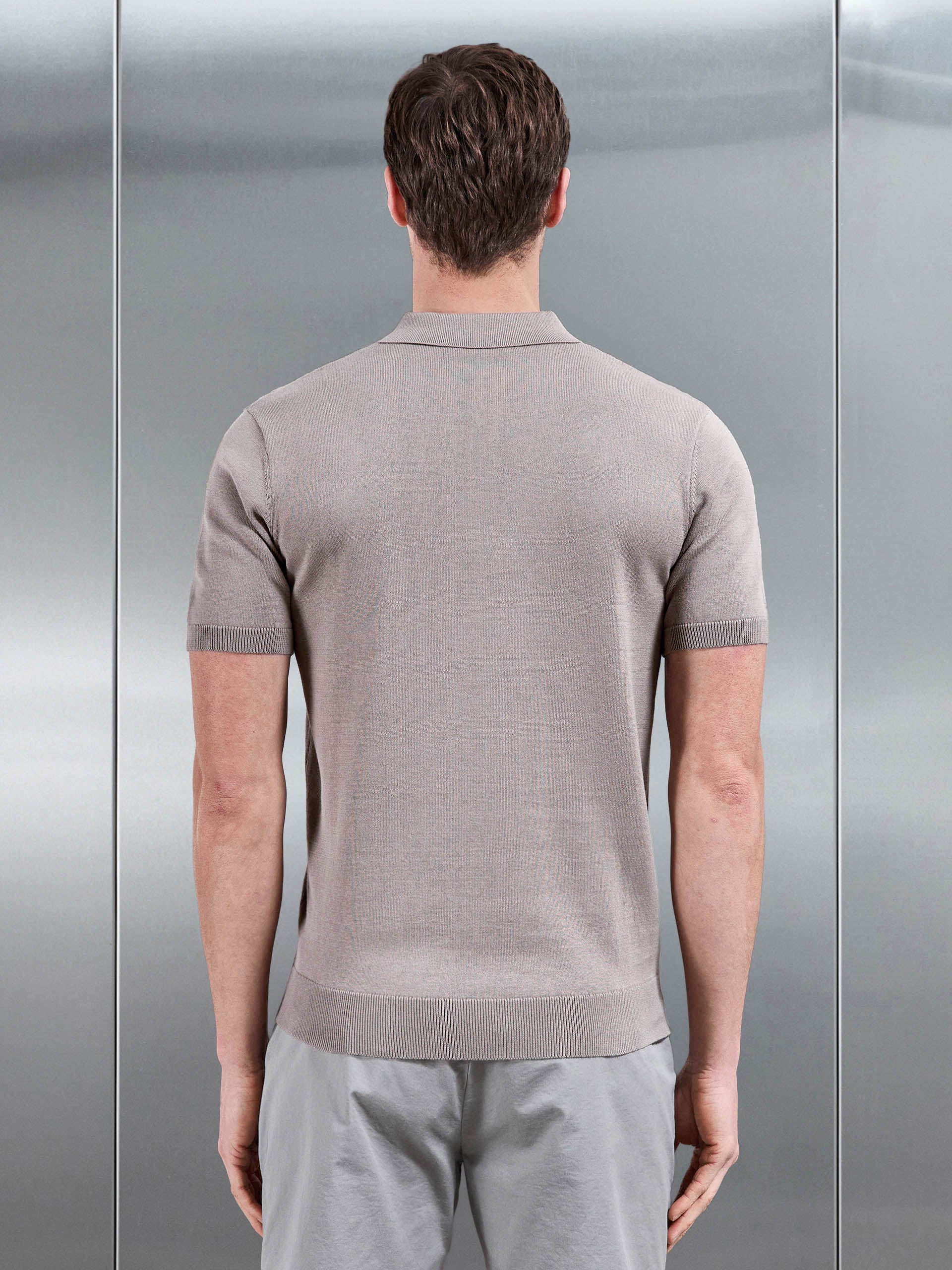 Cotton Knitted Button Polo Shirt in Taupe