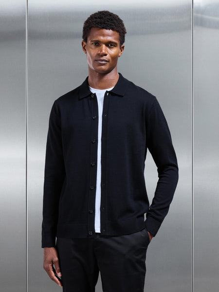 Cotton Knitted Button Through Shirt in Black