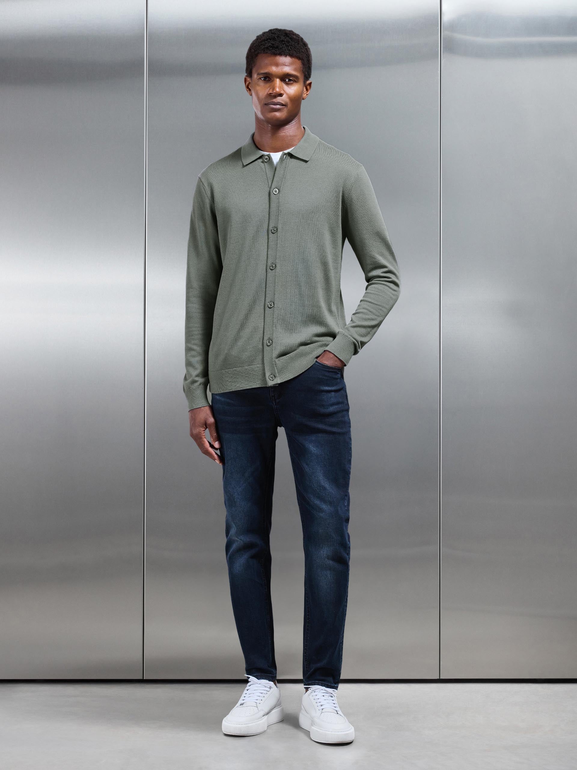Cotton Knitted Button Through Shirt in Sage