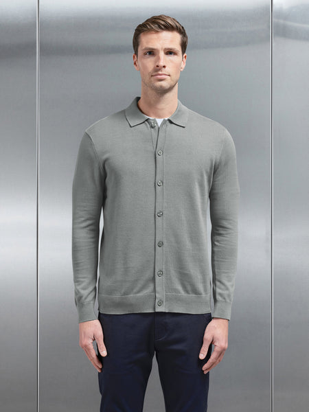 Cotton Knitted Button Through Shirt in Sage