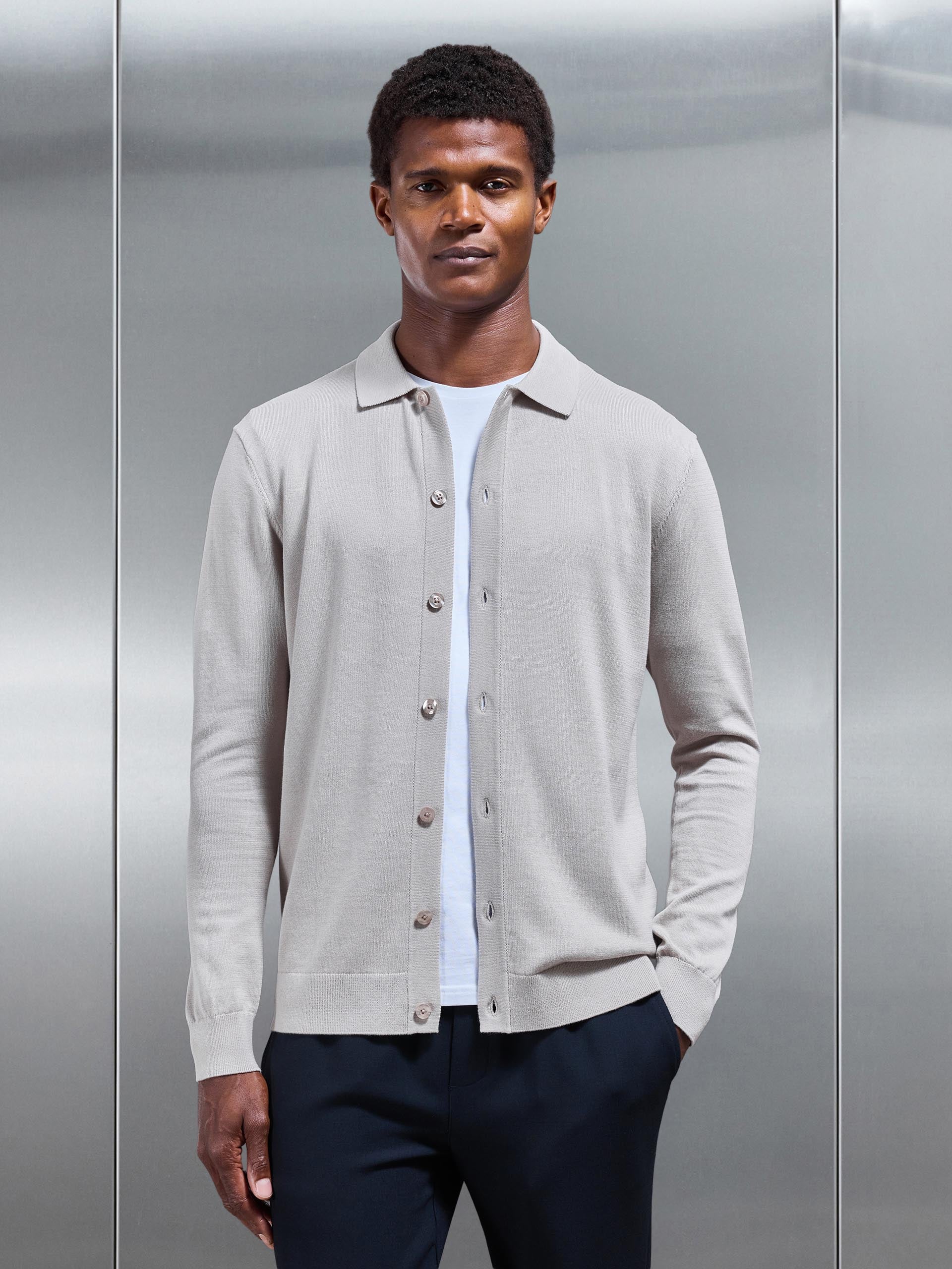 Cotton Knitted Button Through Shirt in Stone