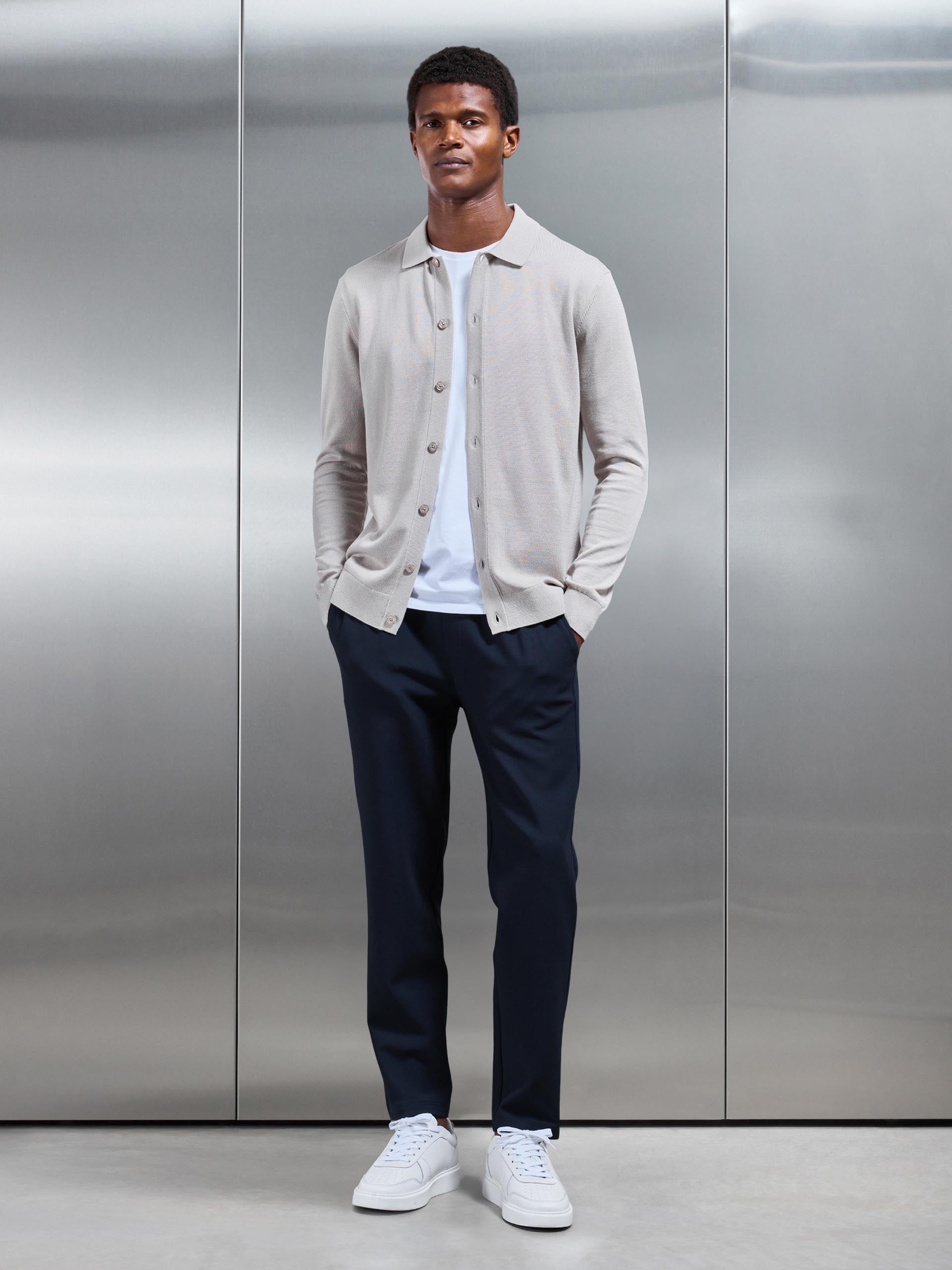 Cotton Knitted Button Through Shirt in Stone