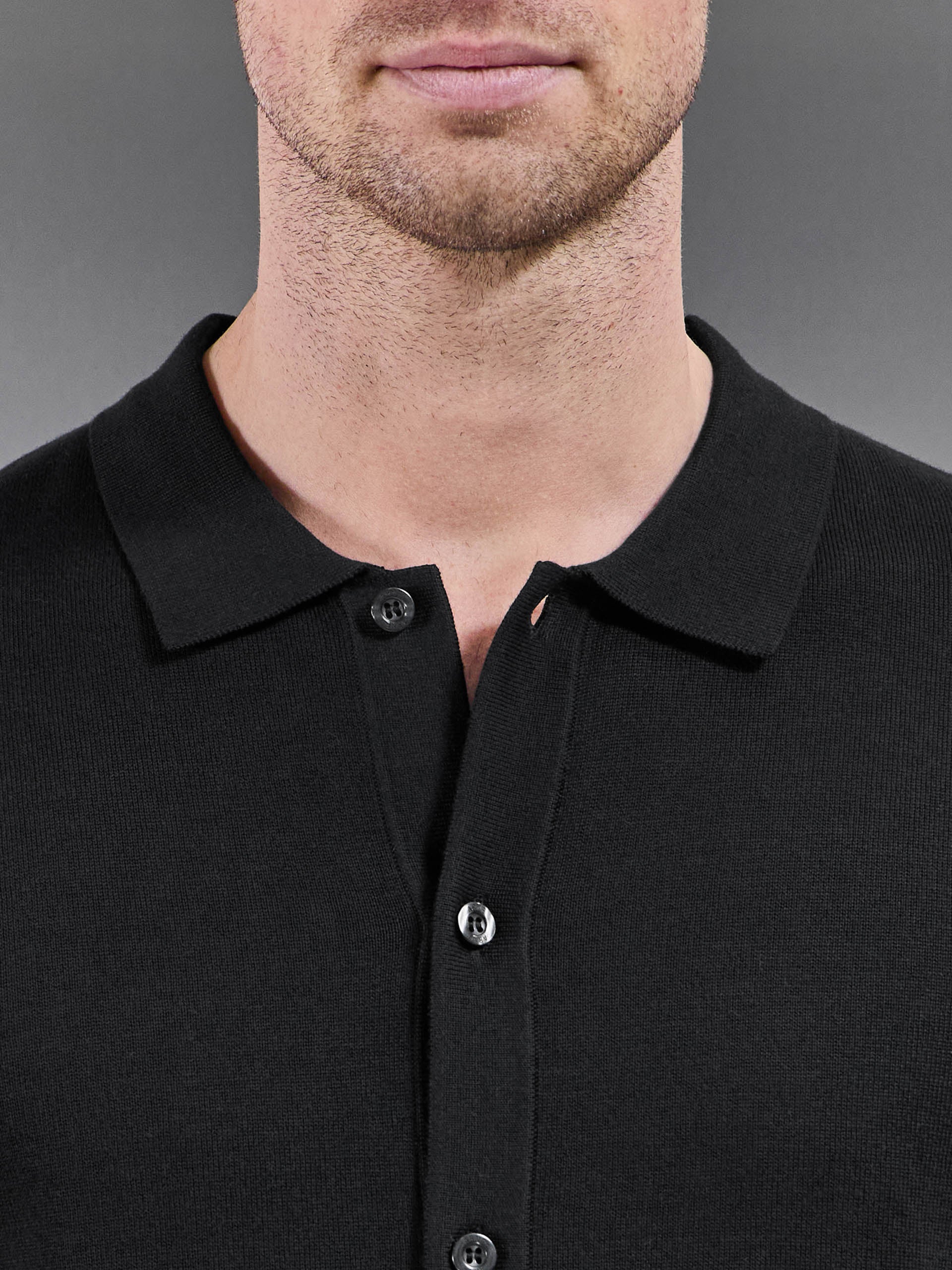 Cotton Knitted Button Through Short Sleeve Shirt in Black