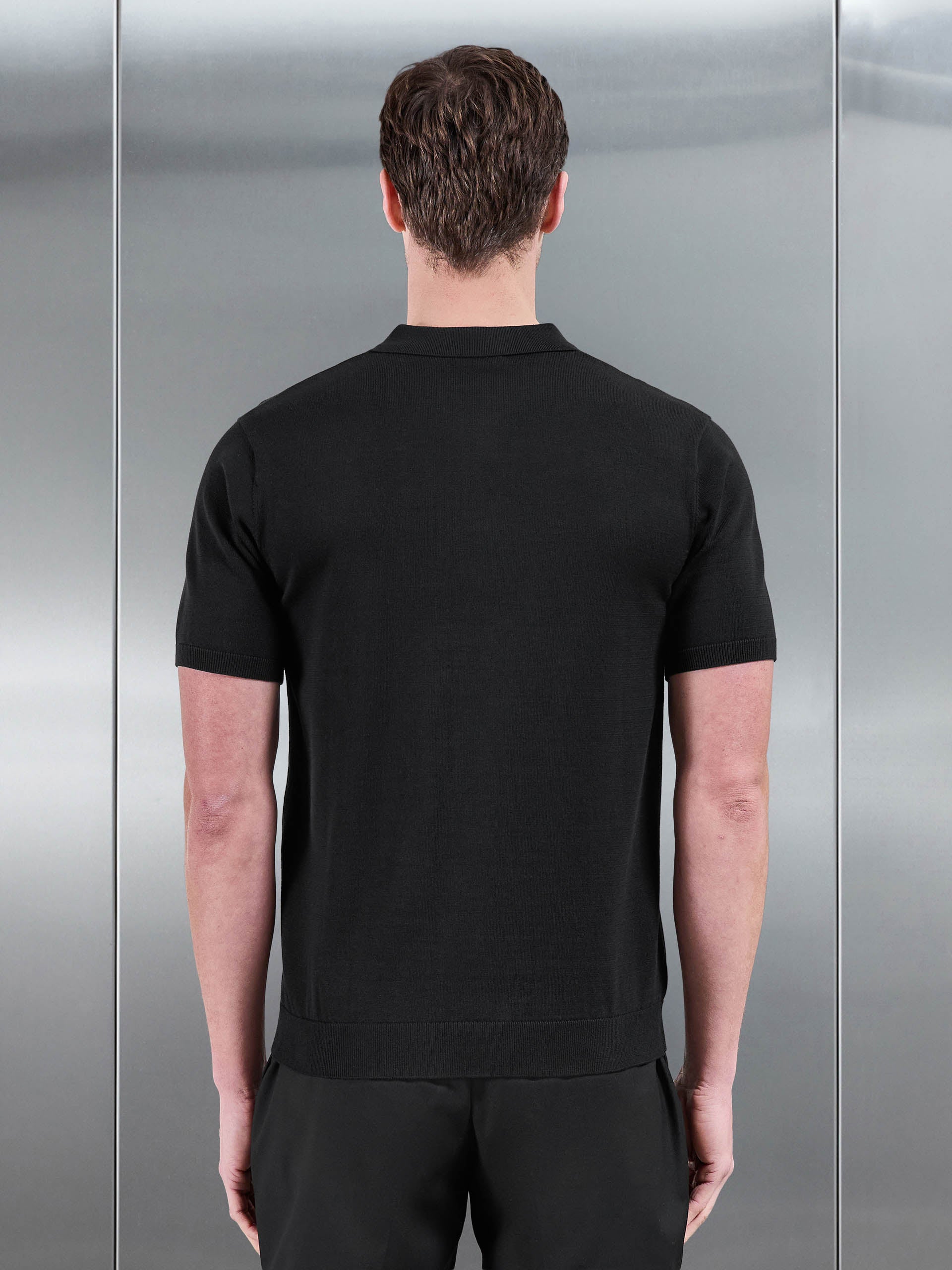 Cotton Knitted Button Through Short Sleeve Shirt in Black