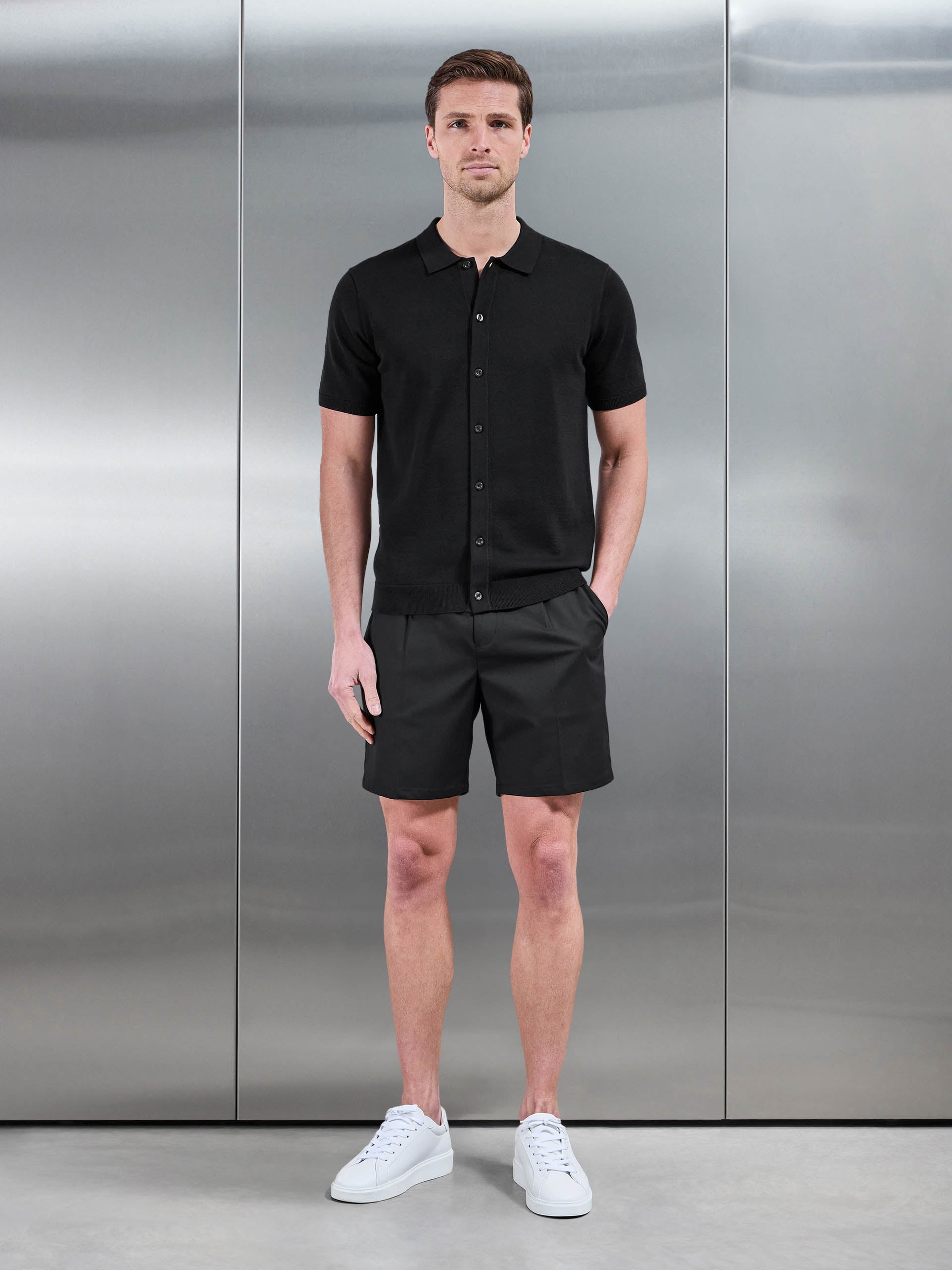 Cotton Knitted Button Through Short Sleeve Shirt in Black