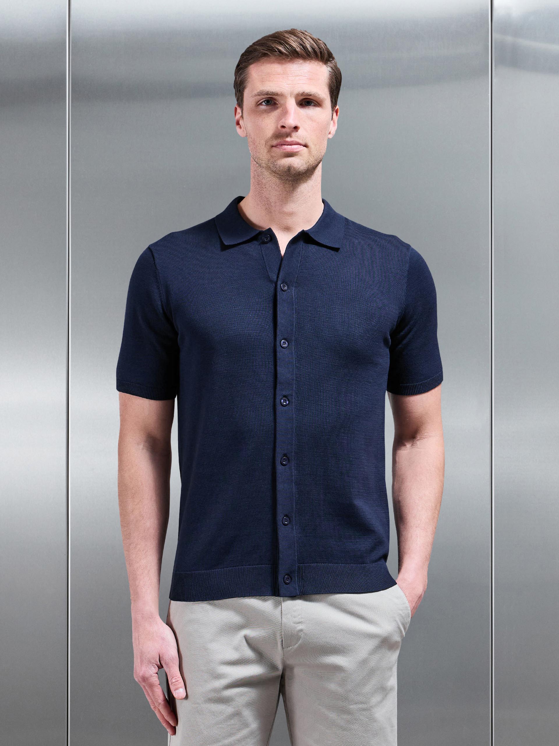 Cotton Knitted Button Through Short Sleeve Shirt in Navy