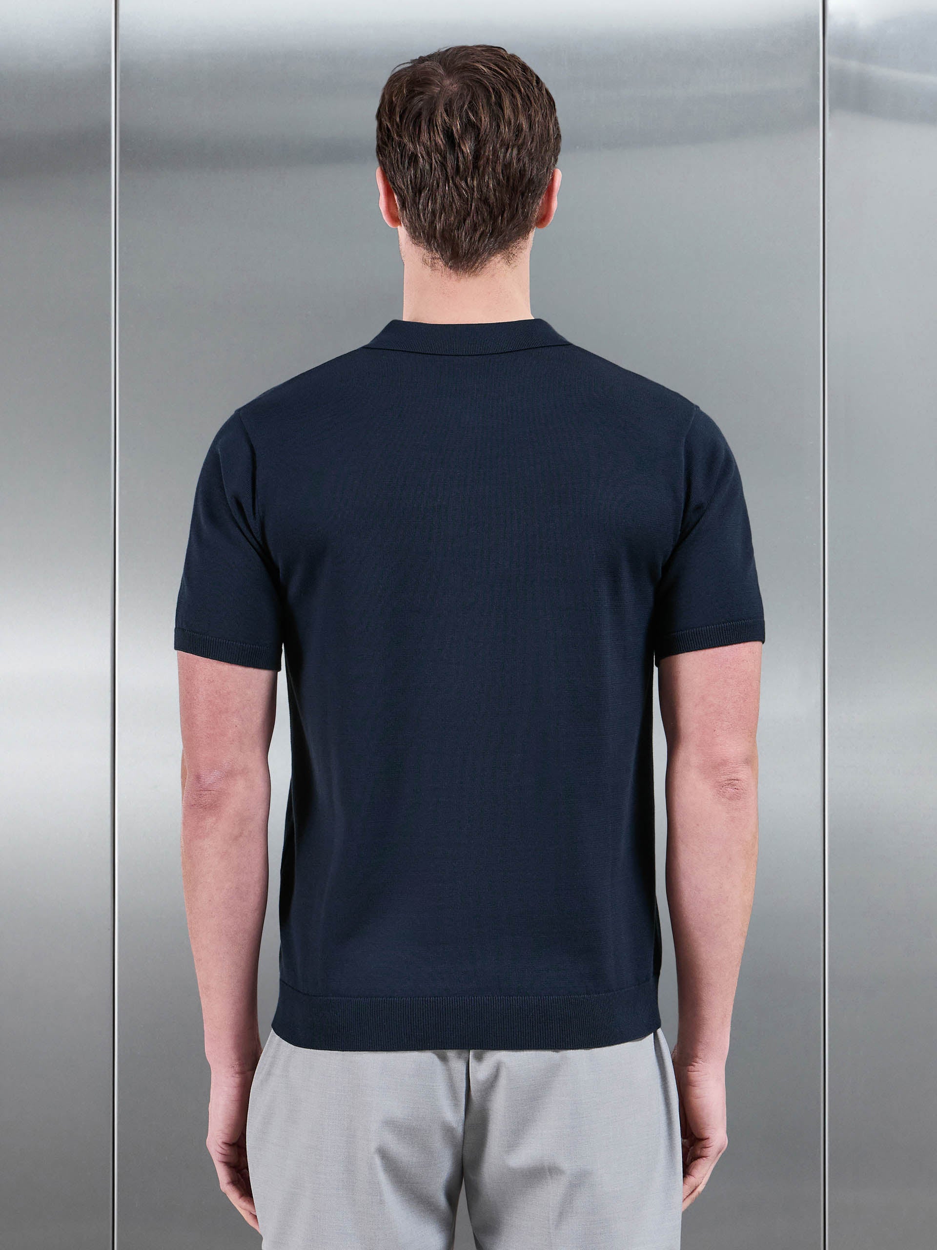 Cotton Knitted Button Through Short Sleeve Shirt in Navy