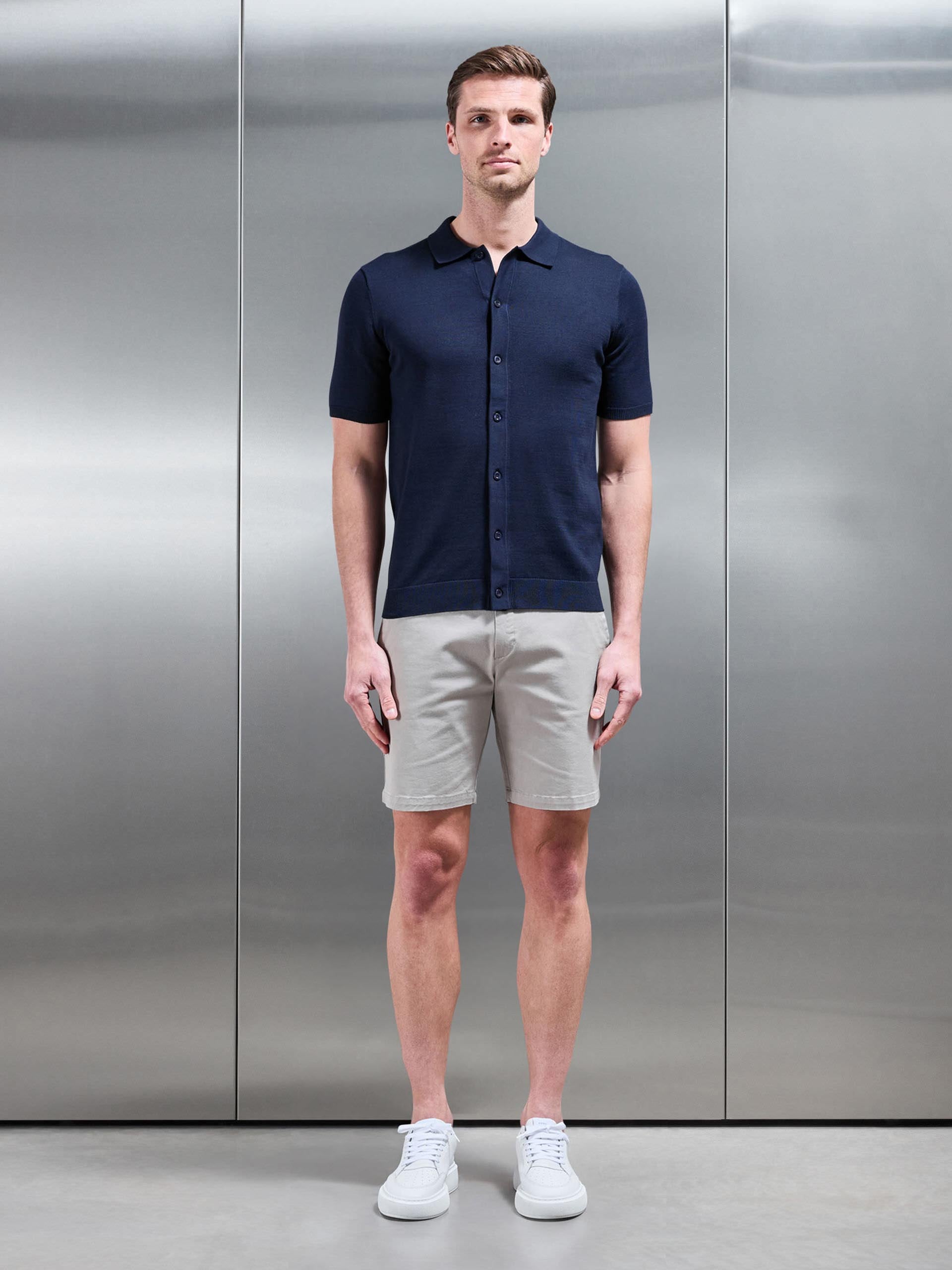 Cotton Knitted Button Through Short Sleeve Shirt in Navy
