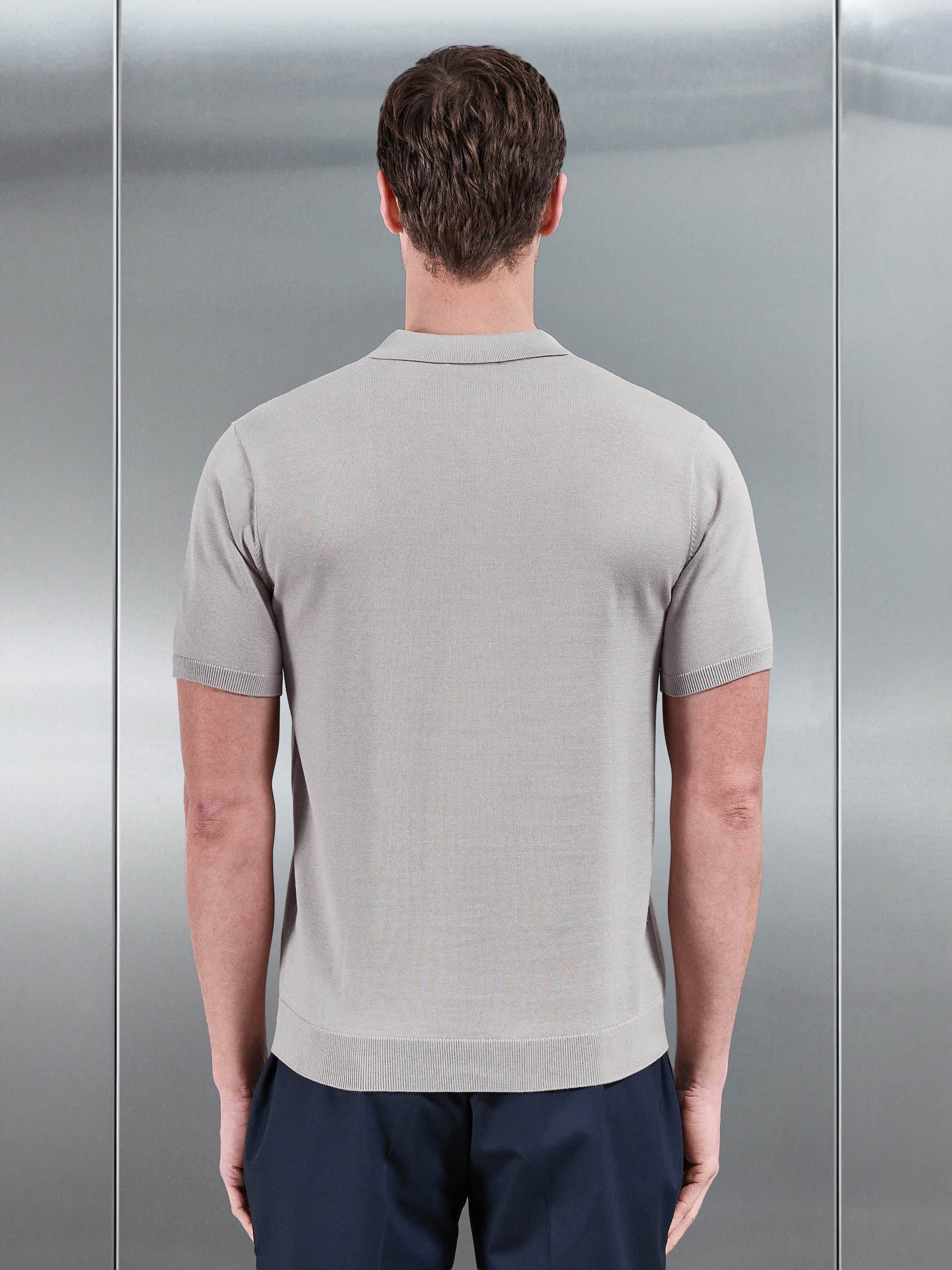 Cotton Knitted Button Through Short Sleeve Shirt in Stone