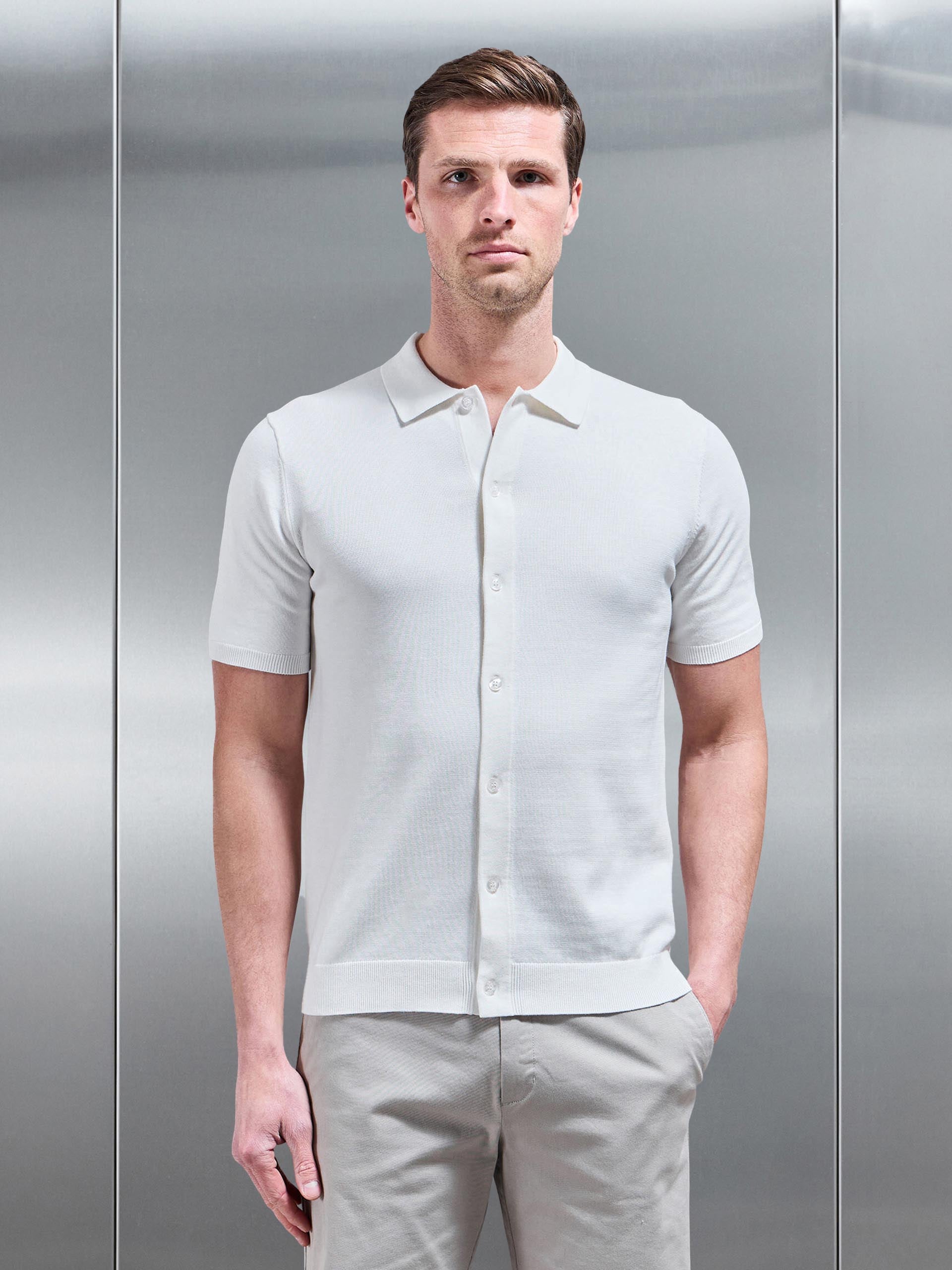 Cotton Knitted Button Through Short Sleeve Shirt in White