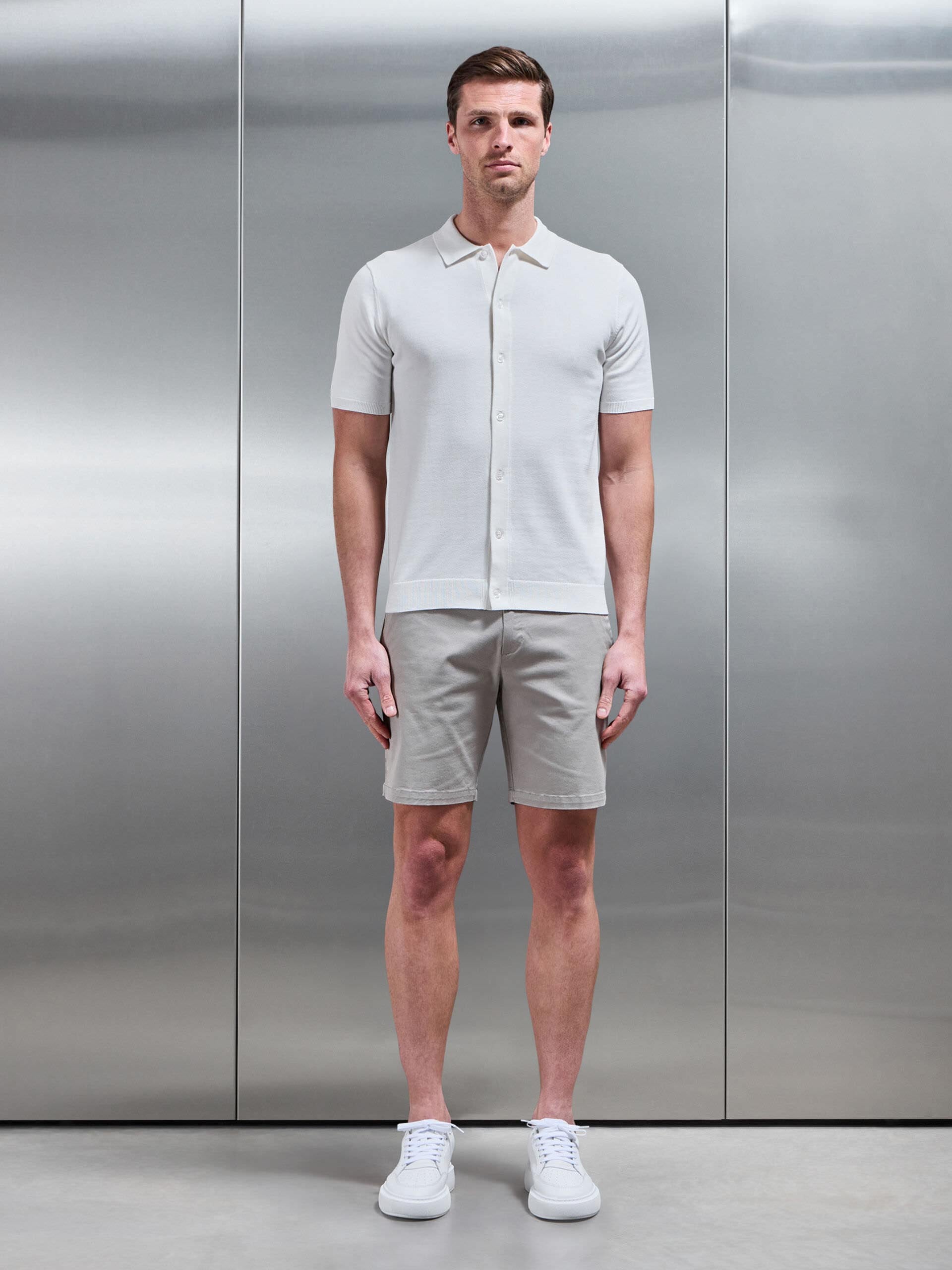 Cotton Knitted Button Through Short Sleeve Shirt in White