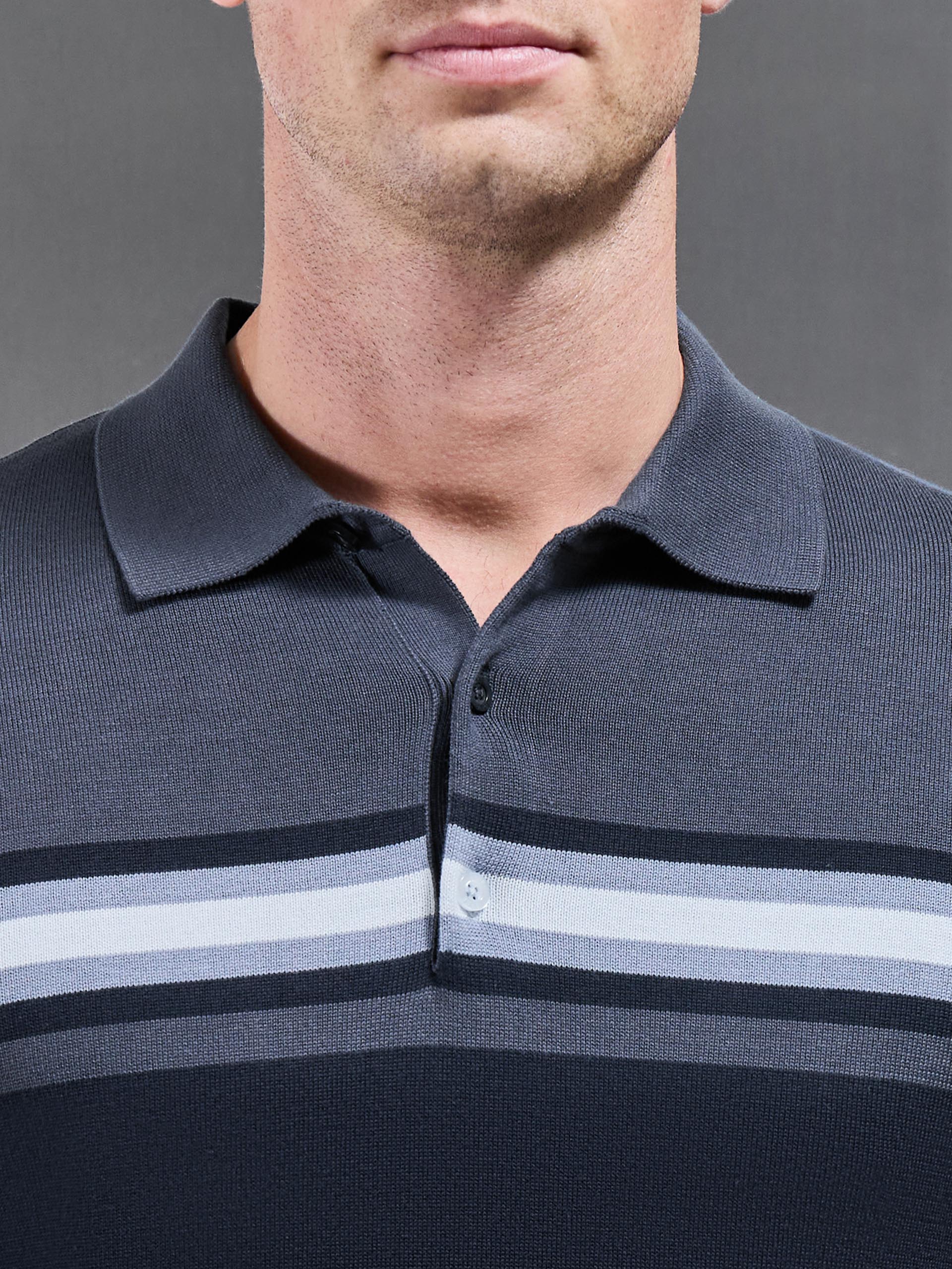 Cotton Knitted Colour Block Button Polo Shirt in Navy