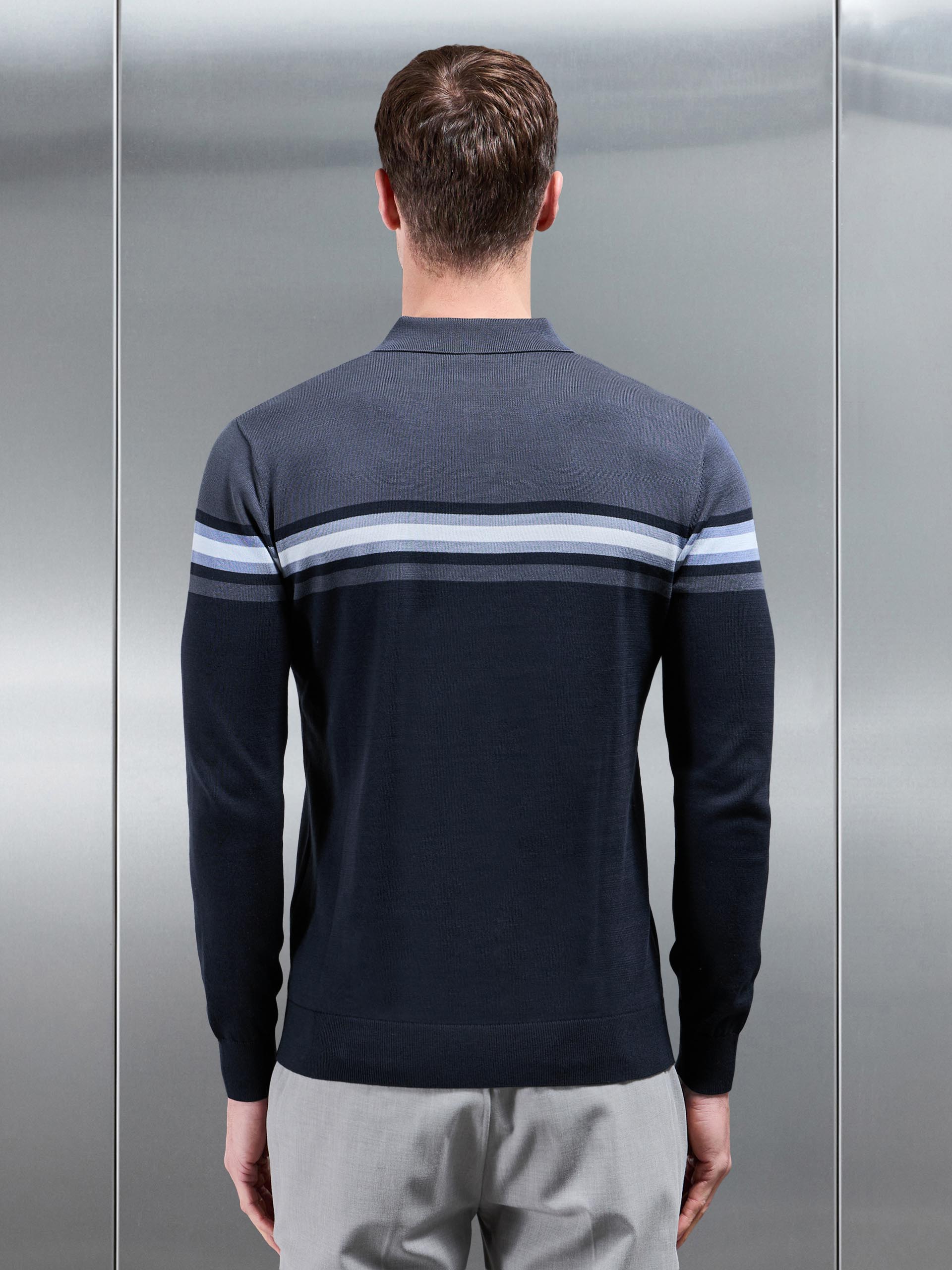 Cotton Knitted Colour Block Button Polo Shirt in Navy