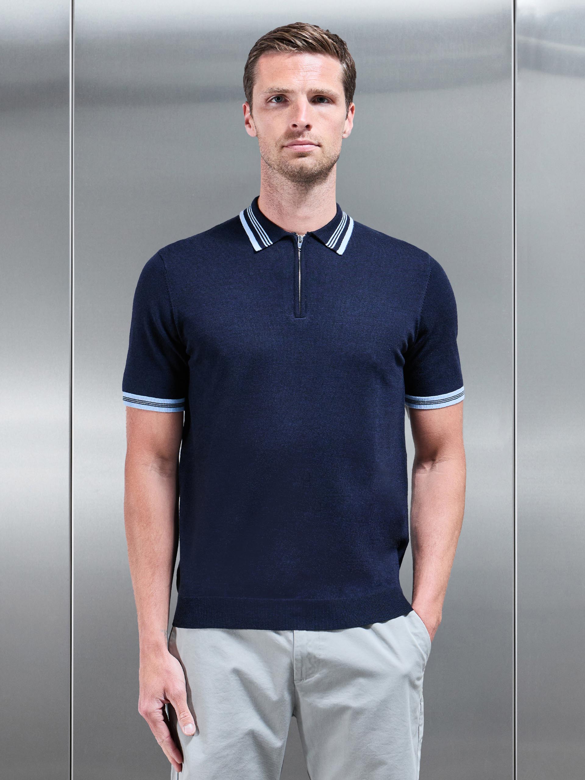 Tipped Knitted Polo Shirt in Navy
