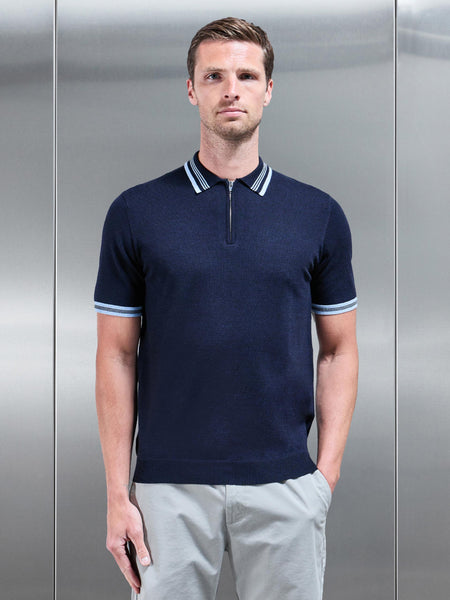 Tipped Knitted Polo Shirt in Navy