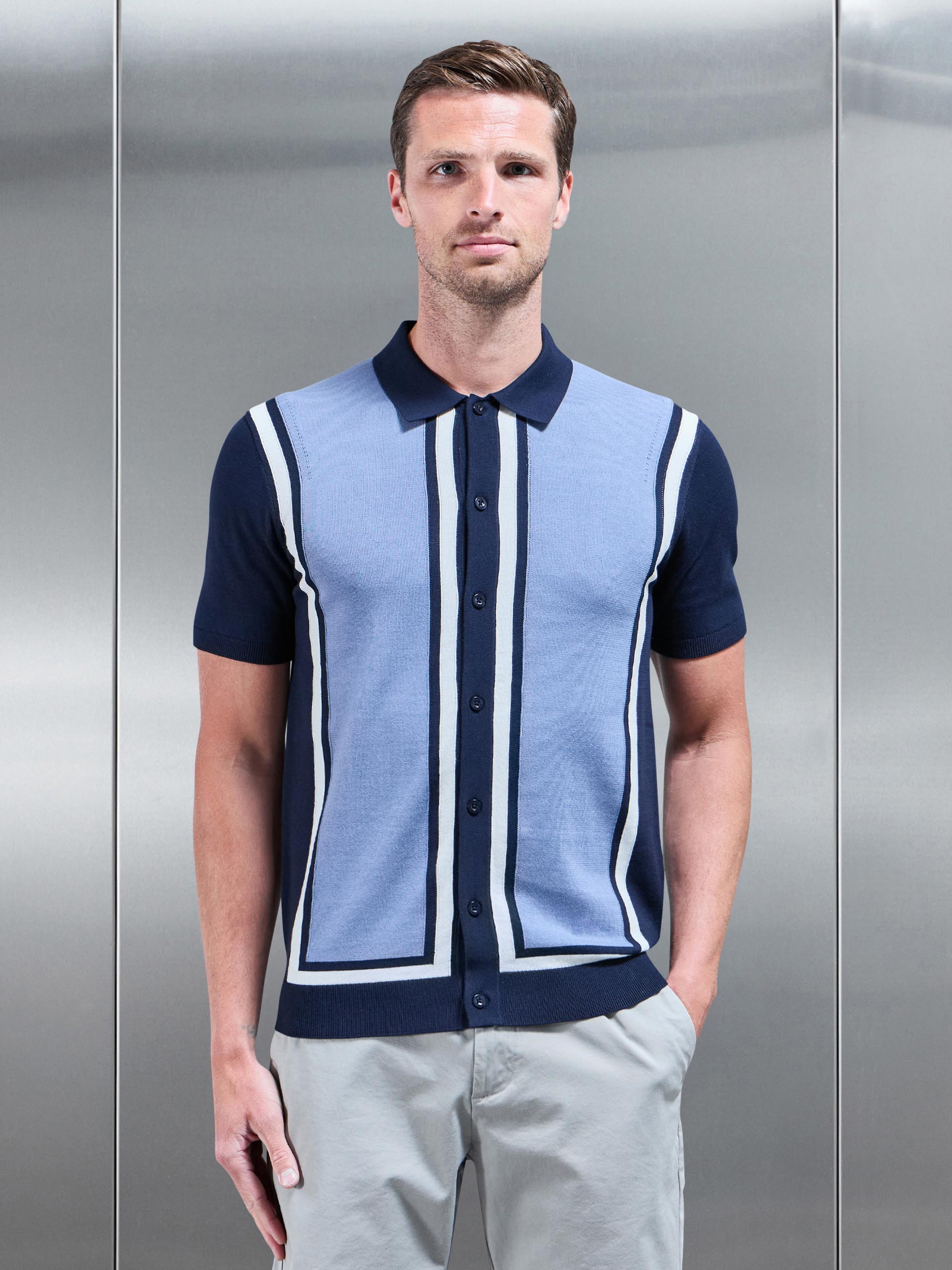 Cotton Knitted Colour Block Shirt in Navy