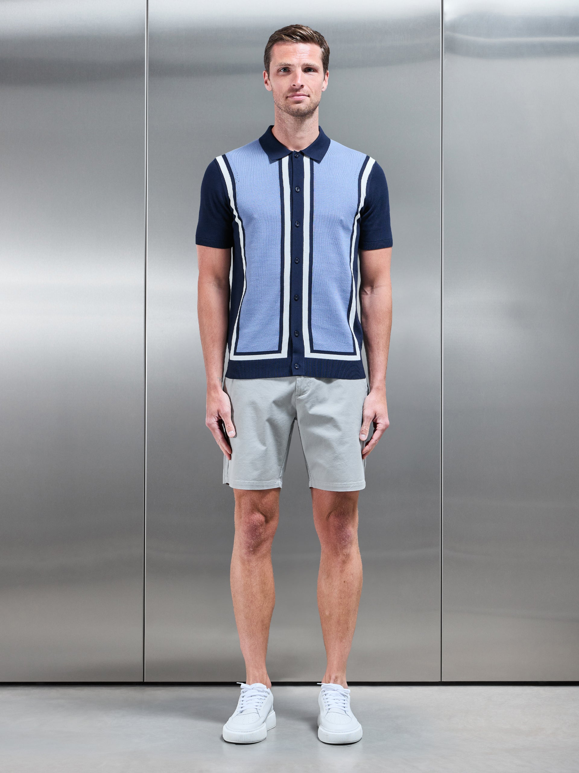 Cotton Knitted Colour Block Shirt in Navy