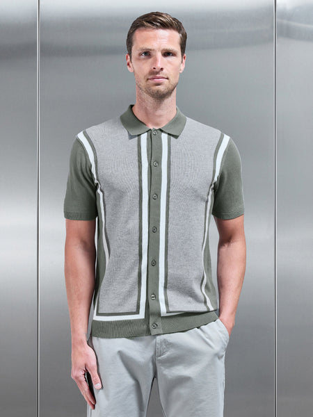 Cotton Knitted Colour Block Shirt in Olive