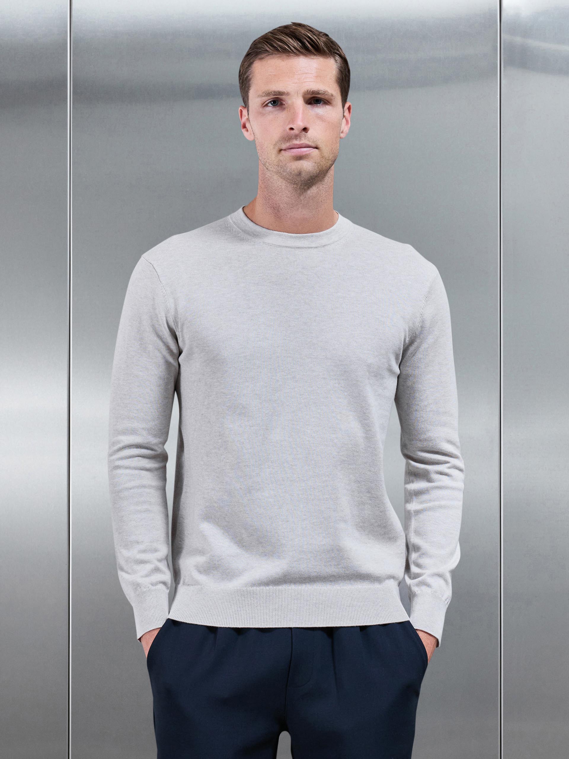 Cotton Knitted Crew Neck Sweatshirt in Oatmeal