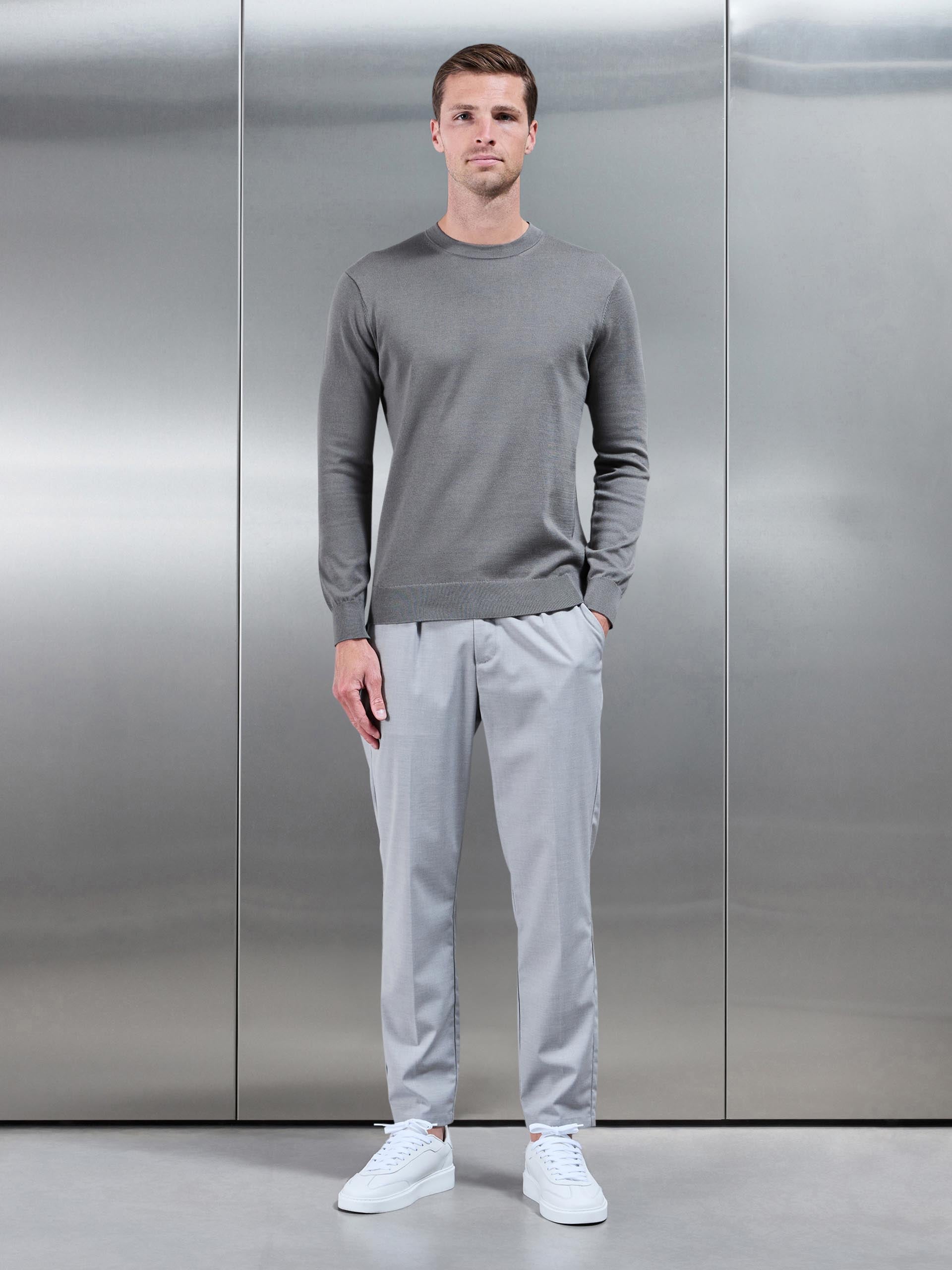 Cotton Knitted Crew Neck Sweatshirt in Sage