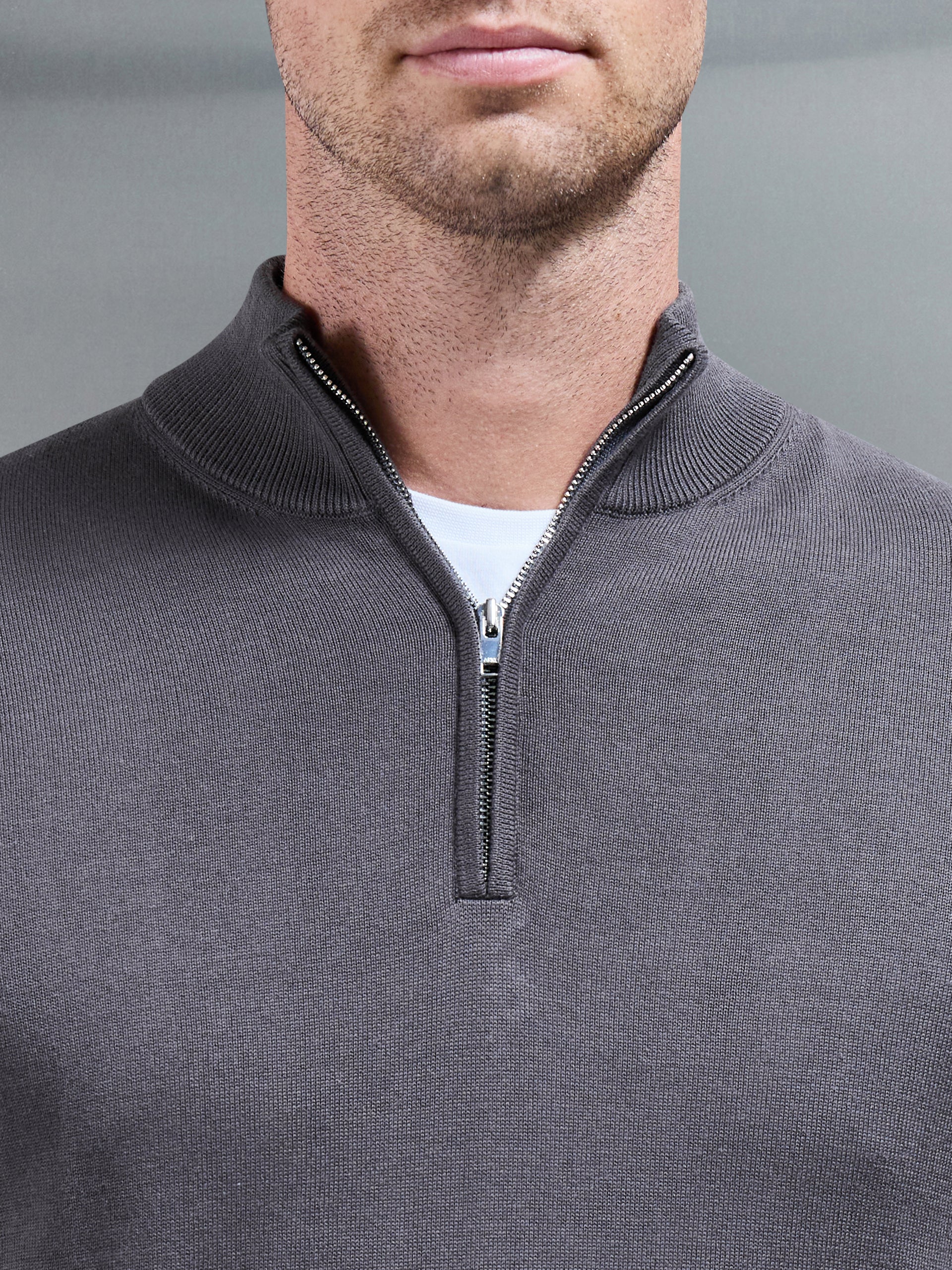 Cotton Knitted Half Zip Funnel Neck Jumper in Grey
