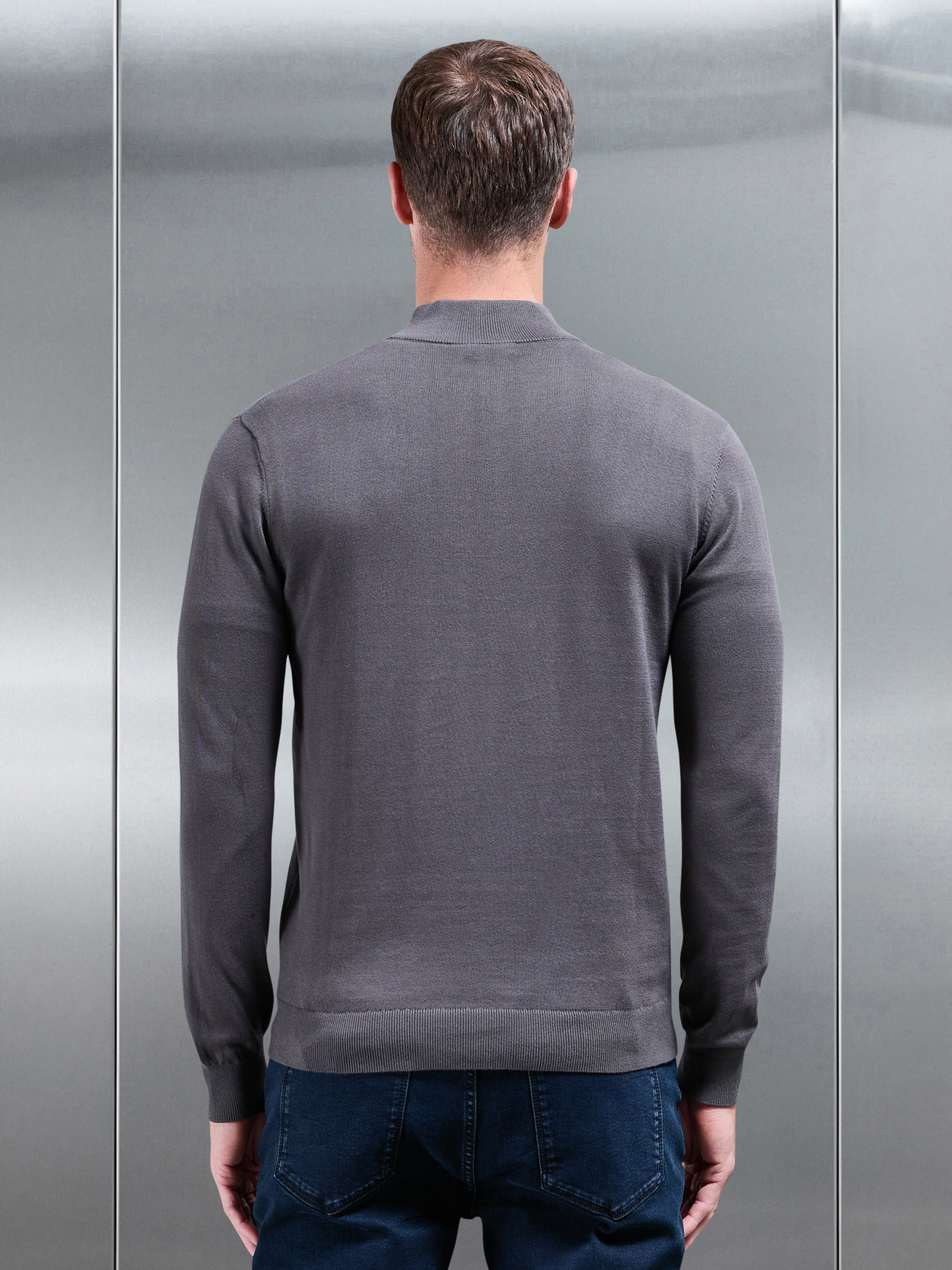 Cotton Knitted Half Zip Funnel Neck Jumper in Grey