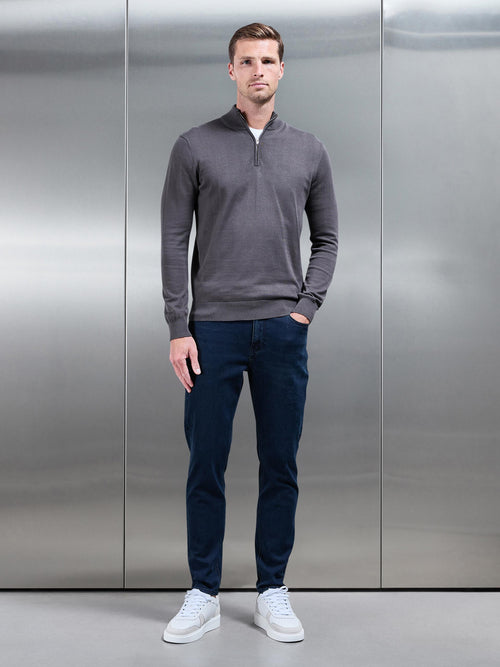 Cotton Knitted Half Zip Funnel Neck Jumper in Grey