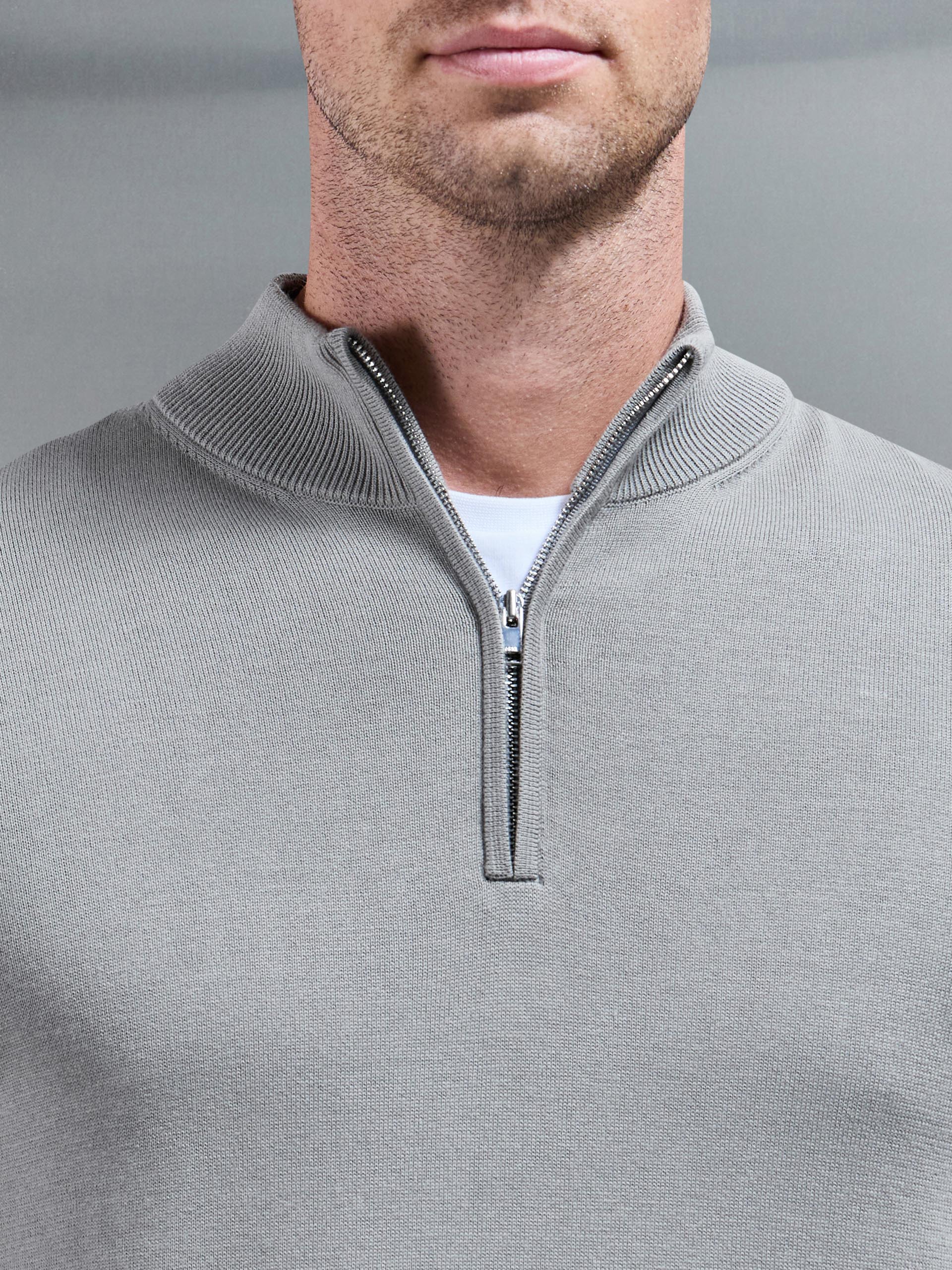 Cotton Knitted Half Zip Funnel Neck Jumper in Light Sage