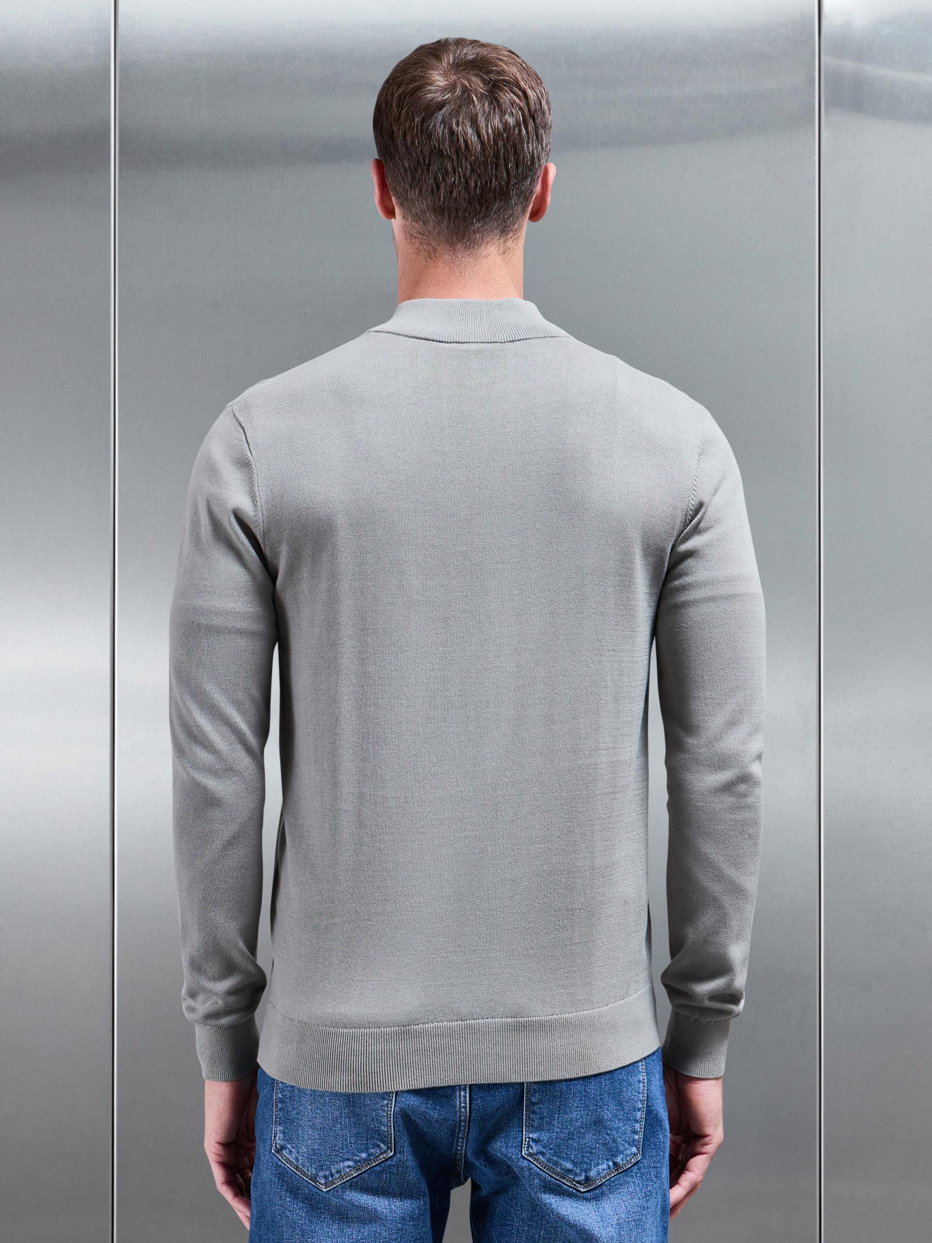 Cotton Knitted Half Zip Funnel Neck Jumper in Light Sage